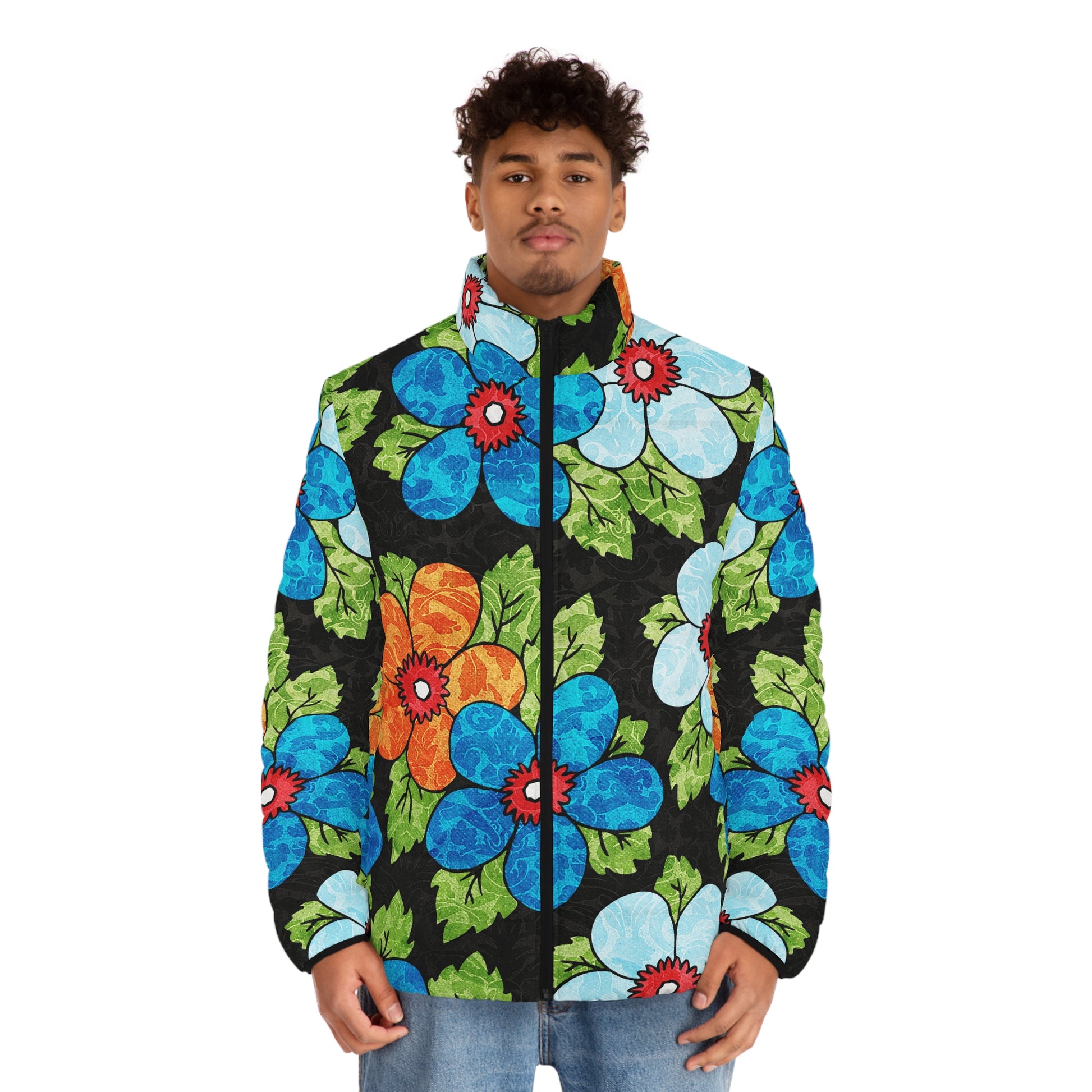Groovy Black Floral Kl Men's Puffer Jacket (AOP), Artsulli - Art is Long, Life is Short, All Over Prints, , , , , , , 