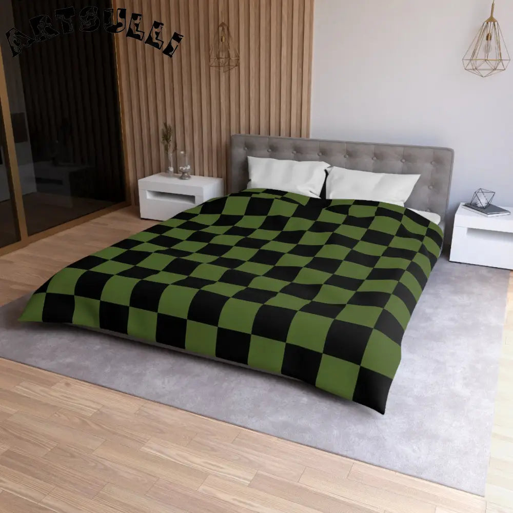JAKKOUTTHEBXX Checkerboard Olive Green and Black Microfiber Duvet