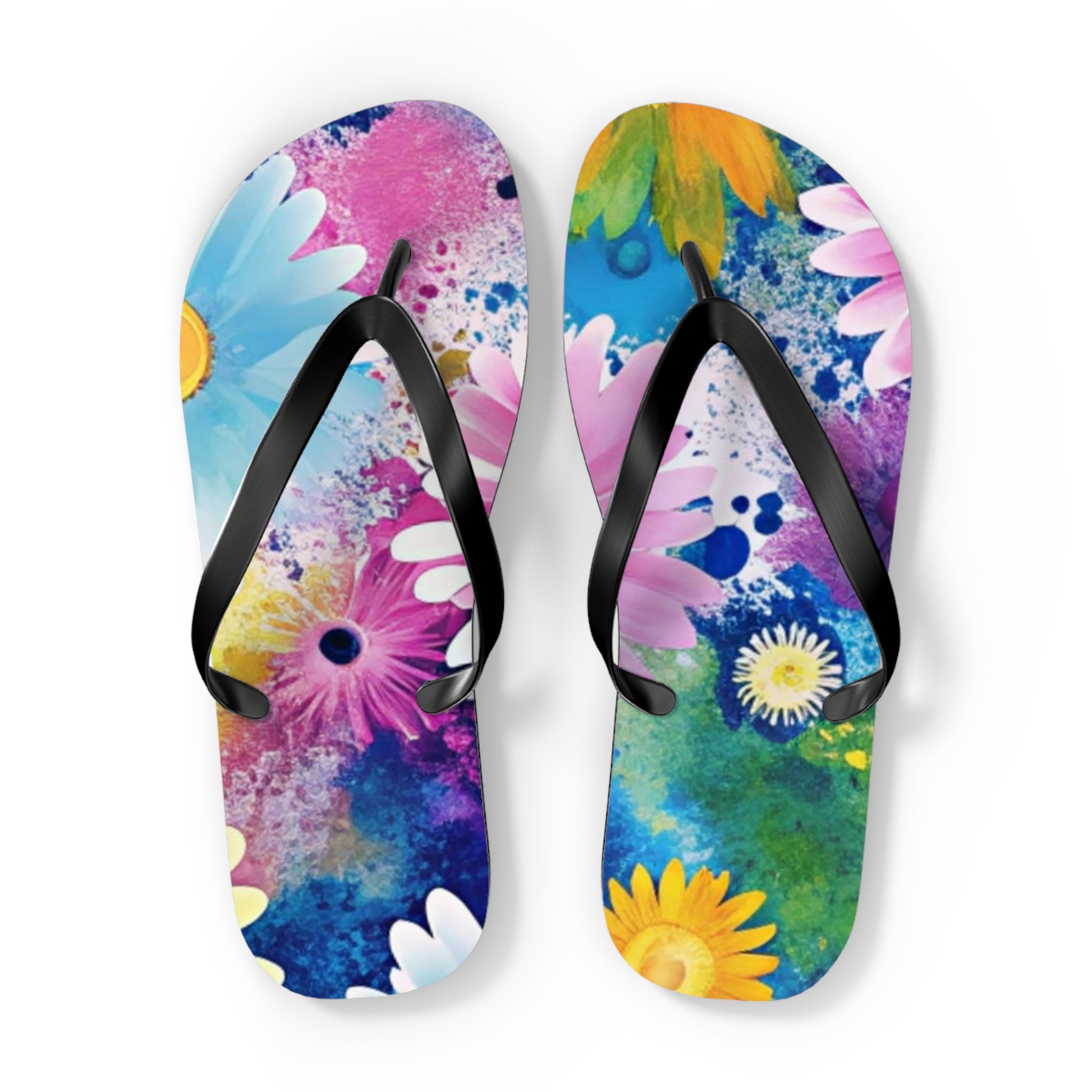 Magical Flower Explosion Multi-Color Flip Flops, Artsulli - Art is Long, Life is Short, Shoes, Size, XL, Color, Black sole, , , 51197402315123