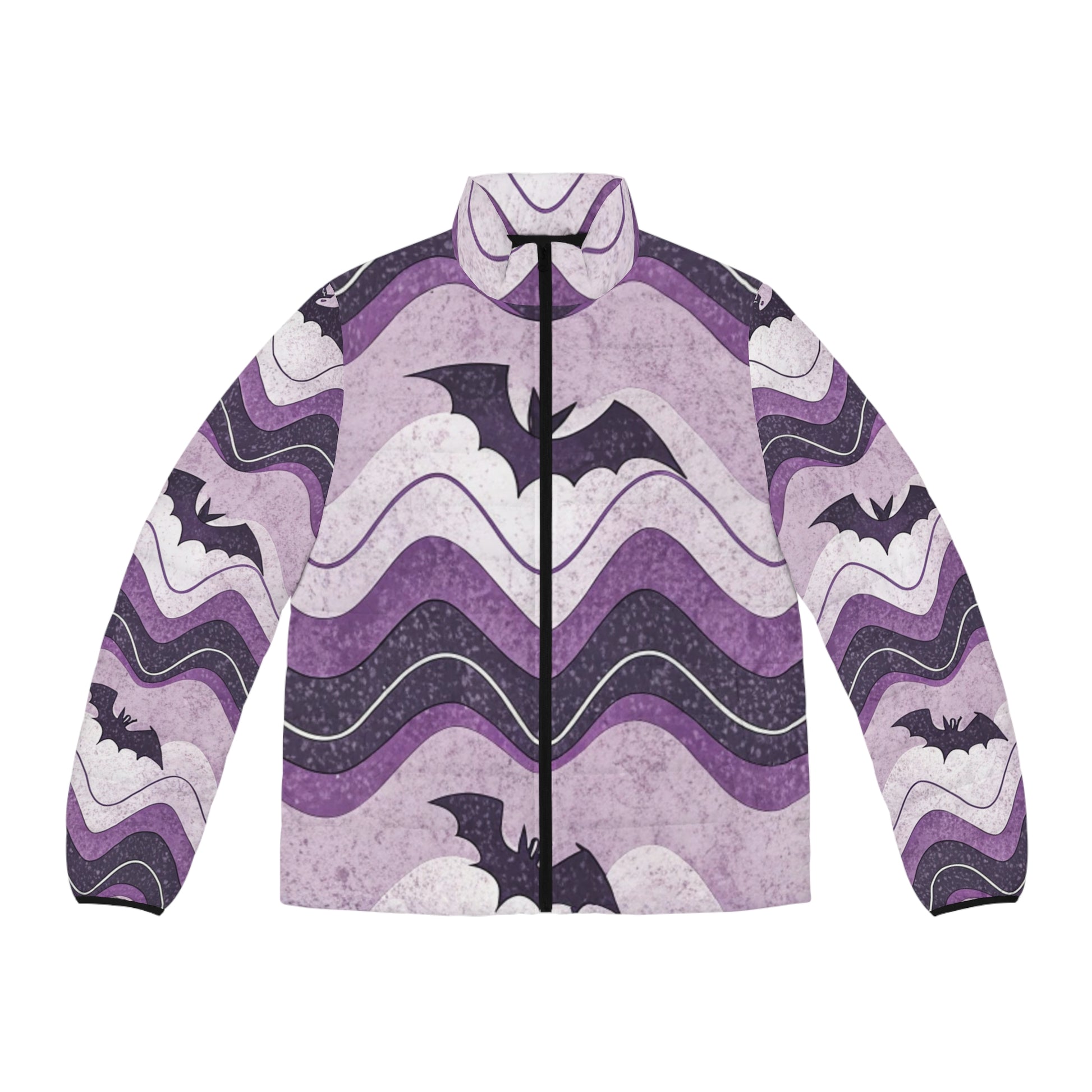 Bat Wave Men's Puffer Jacket (AOP), Artsulli - Art is Long, Life is Short, All Over Prints, Size, S, Color, Black zipper, , , 29896384952890