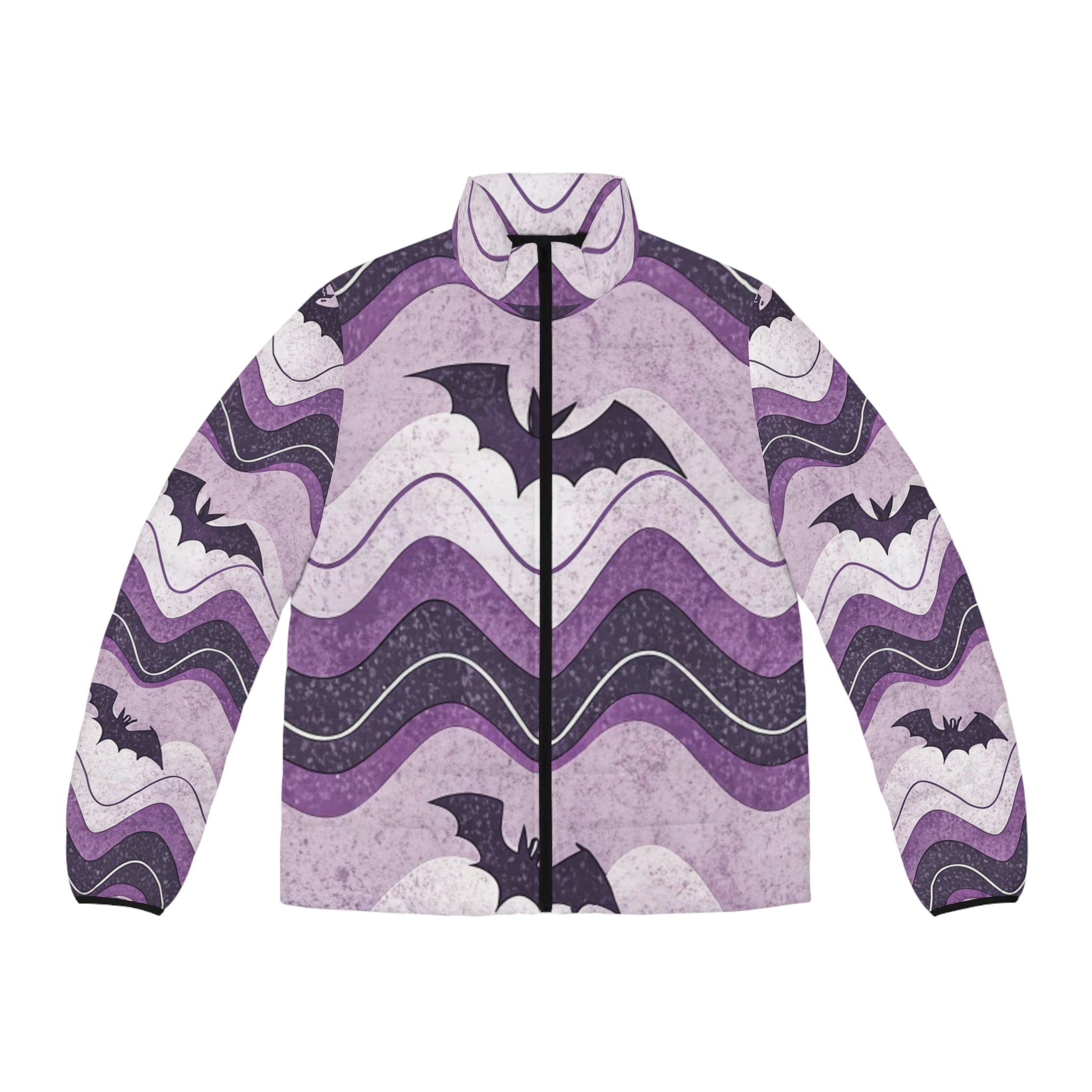 Bat Wave Men's Puffer Jacket (AOP), Artsulli - Art is Long, Life is Short, All Over Prints, Size, S, Color, Black zipper, , , 29896384952890