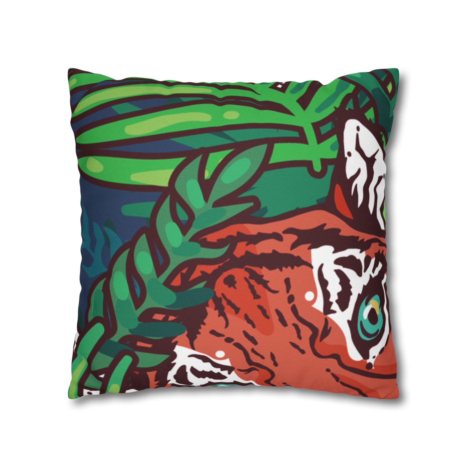 Tropical Jungle Tigers Blue and Green Spun Polyester Square Pillowcase, Artsulli - Art is Long, Life is Short, Home Decor, , , , , , , 