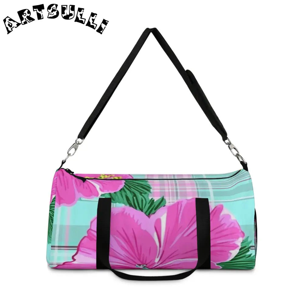 JAKKOUTTHEBXX Teal and Pink Hibiscus Duffel Bag JAKKOUTTHEBXX