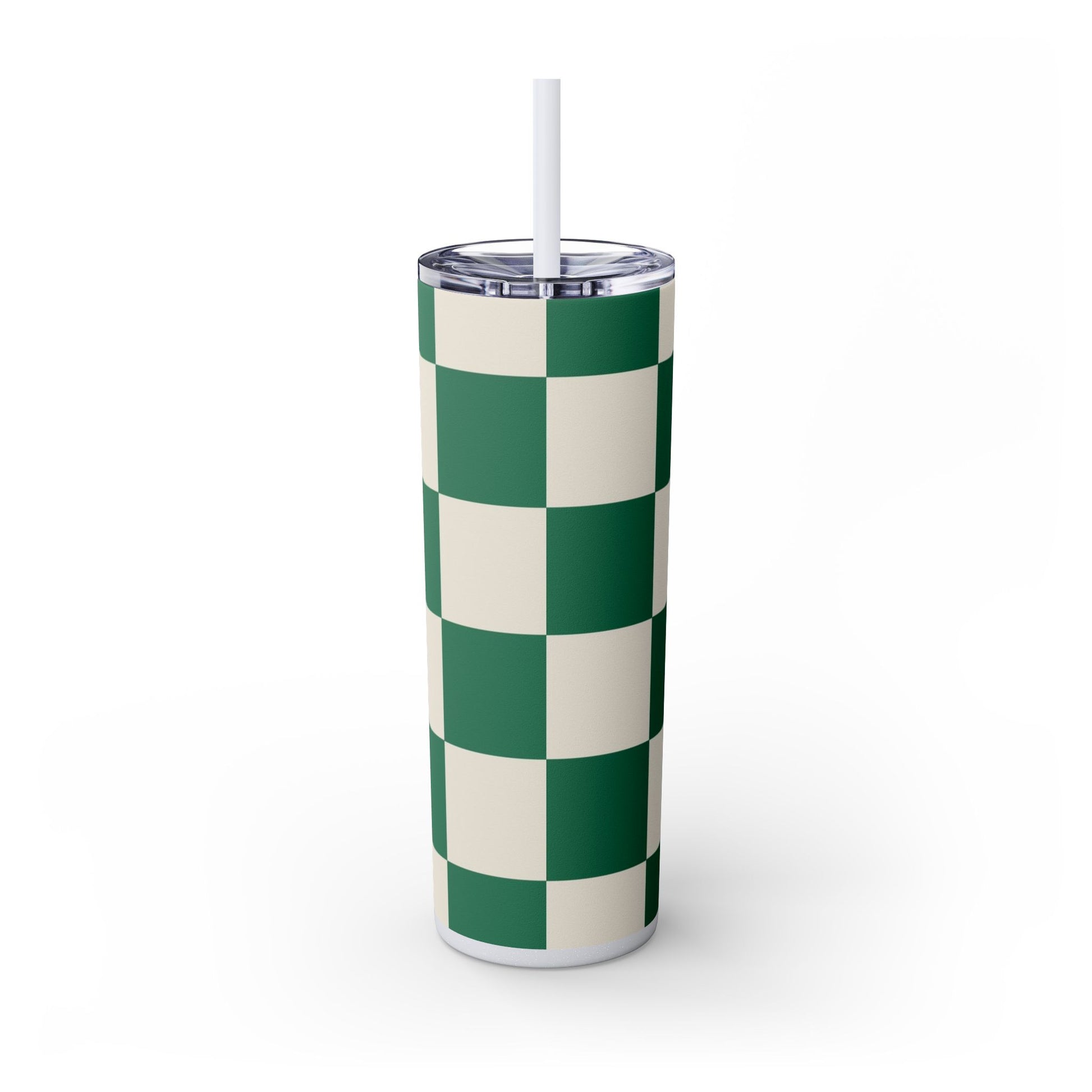 Checkerboard Dark Green Skinny Tumbler with Straw, 20oz, Artsulli - Art is Long, Life is Short, Mug, , , , , , , 