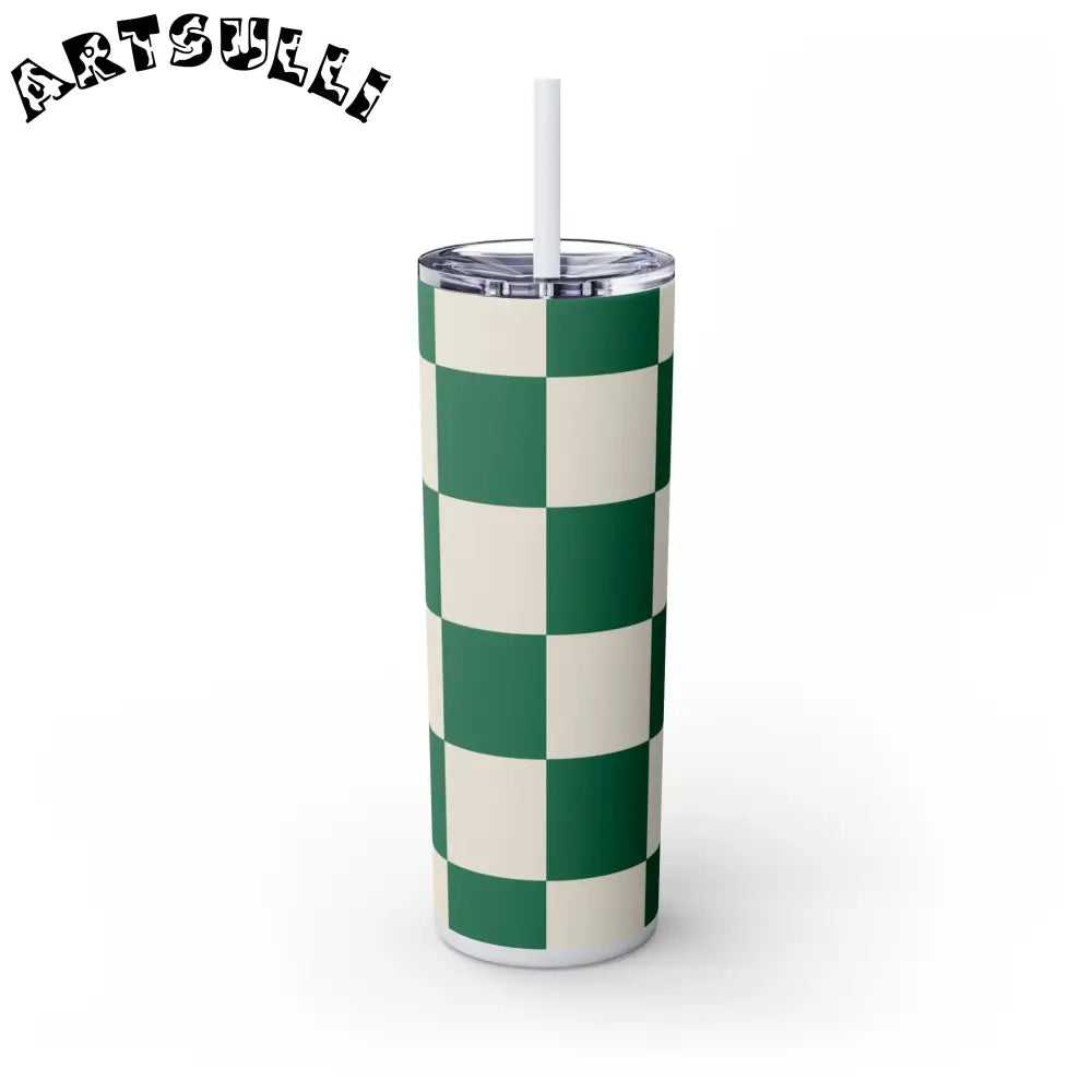 JAKKOUTTHEBXX Checkerboard Dark Green Skinny Tumbler with Straw 20oz