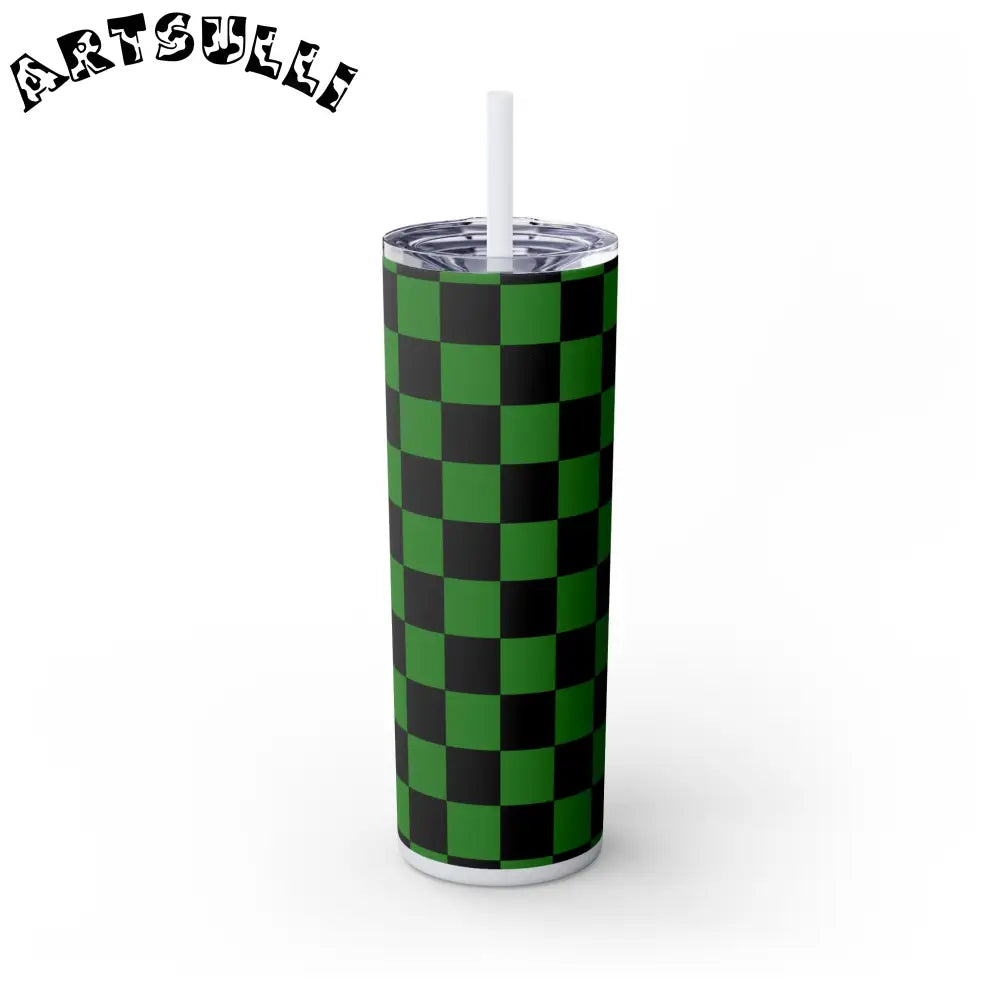 JAKKOUTTHEBXX Checkerboard Green and Black Skinny Tumbler with Straw