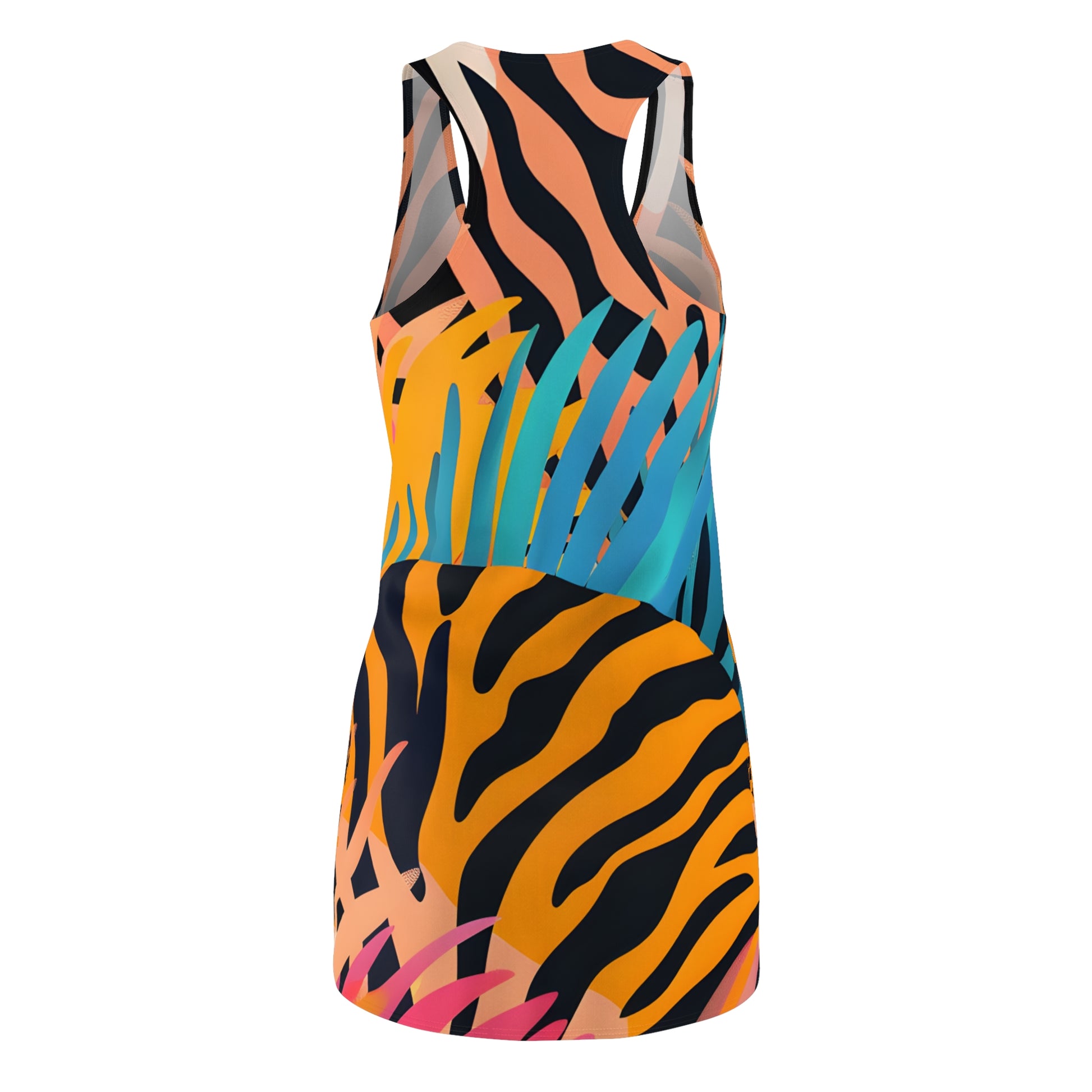 Palm Leaves x Zebra Stripes x  Tiger Stripes Orange and Blue Women's Cut & Sew Racerback Dress (AOP), Artsulli - Art is Long, Life is Short, All Over Prints, , , , , , , 