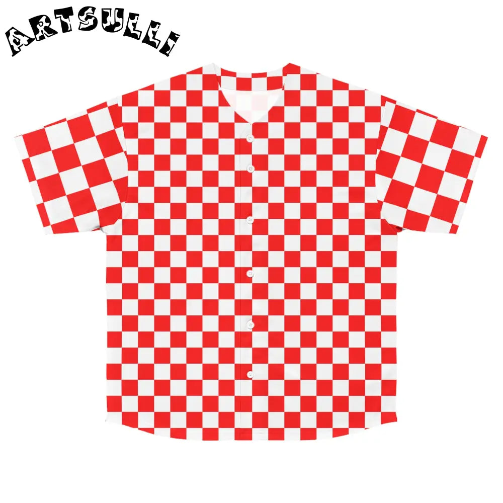 JAKKOUTTHEBXX Checkerboard II Red and White Men’s Baseball Jersey