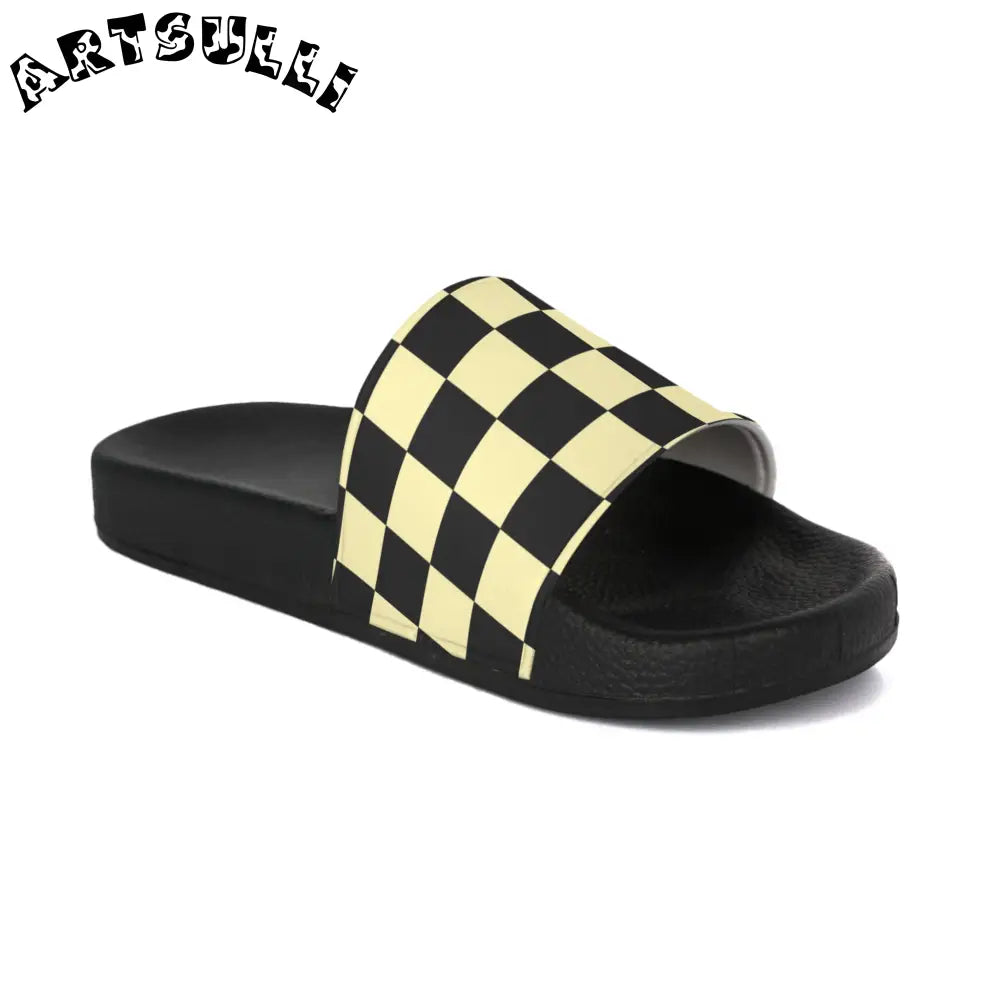 JAKKOUTTHEBXX Checkerboard Black and Yellow Men’s Slide Sandals