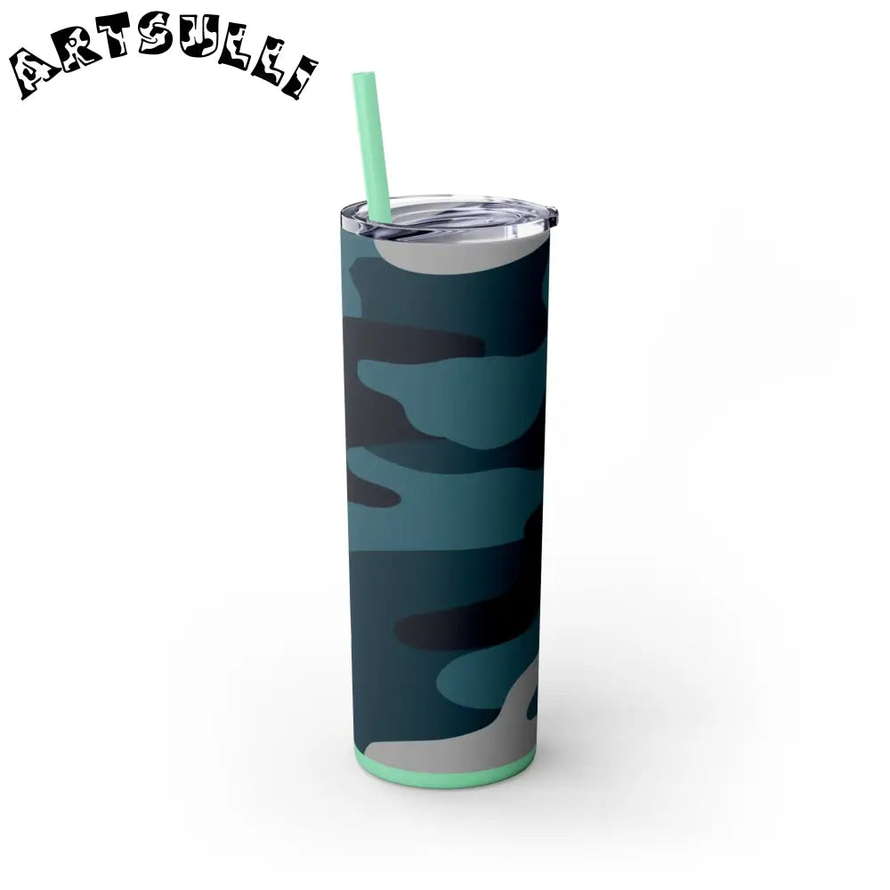 JAKKOUTTHEBXX Blue Camouflage Skinny Tumbler with Straw 20oz