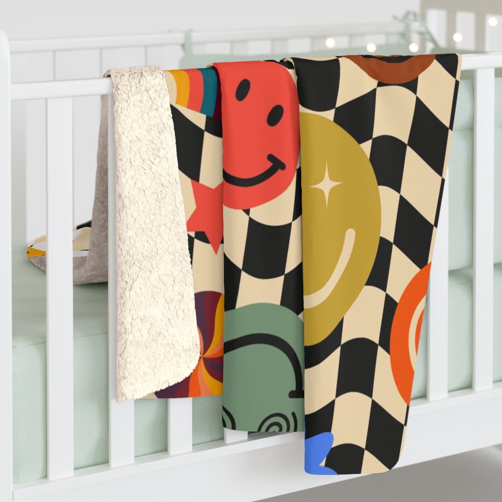 Trippy x Wavy Checkerboard x Smiley Face x Rainbow x Flowers Multi-Color Sherpa Fleece Blanket, Artsulli - Art is Long, Life is Short, Home Decor, , , , , , , 