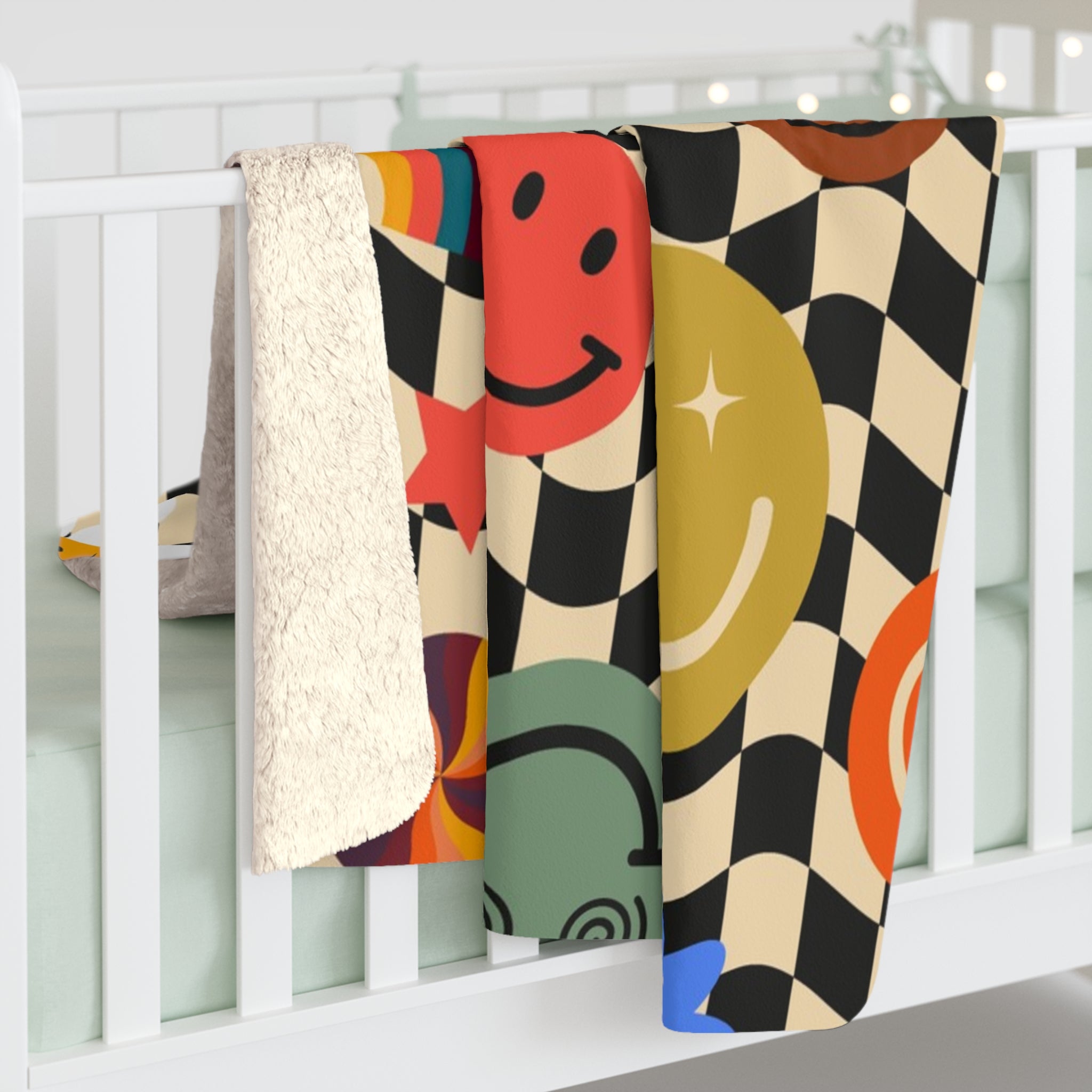 Trippy x Wavy Checkerboard x Smiley Face x Rainbow x Flowers Multi-Color Sherpa Fleece Blanket, Artsulli - Art is Long, Life is Short, Home Decor, , , , , , , 