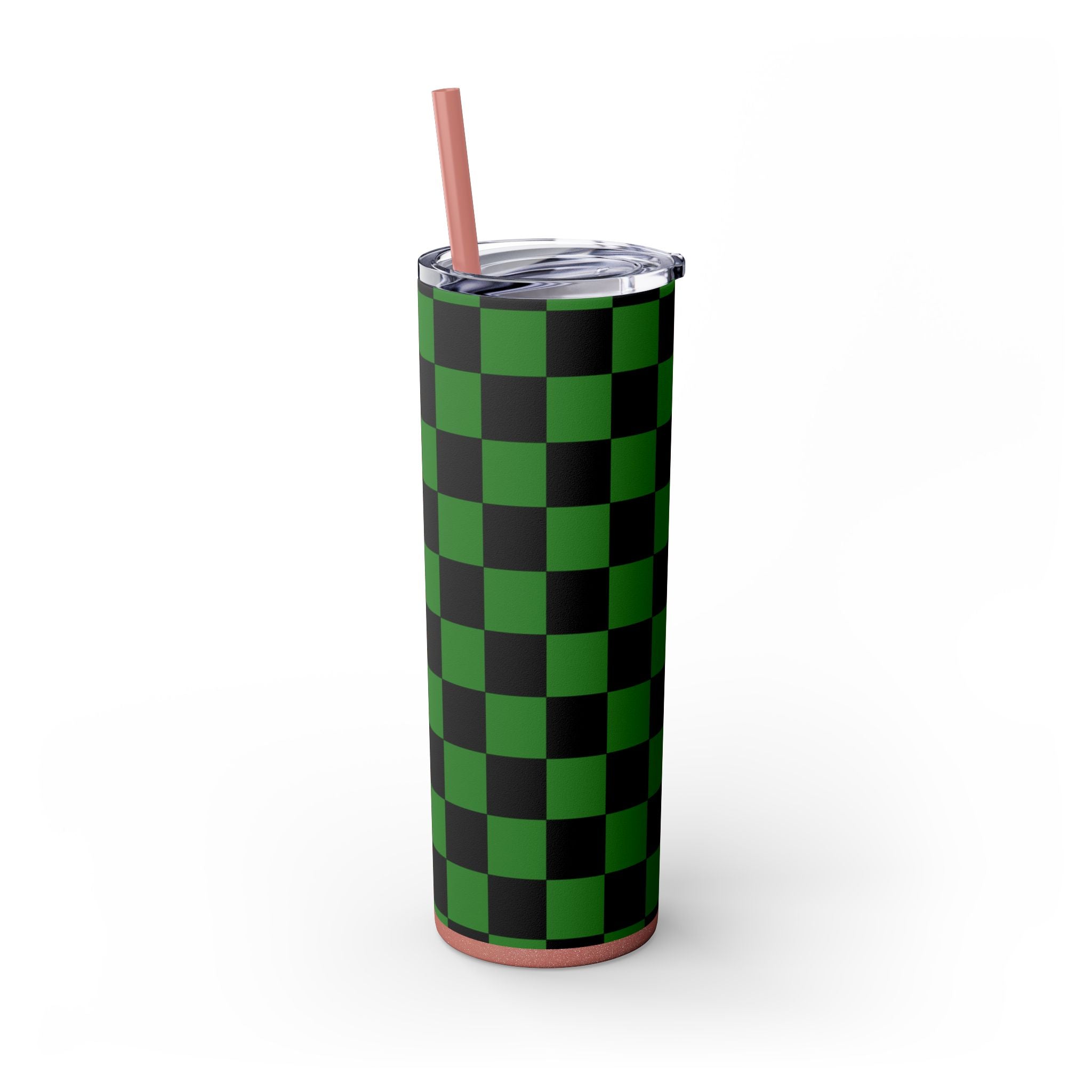 Checkerboard Green and Black Skinny Tumbler with Straw, 20oz, Artsulli - Art is Long, Life is Short, Mug, , , , , , , 