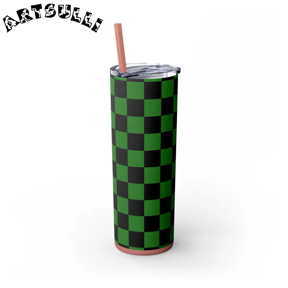 JAKKOUTTHEBXX Checkerboard Green and Black Skinny Tumbler with Straw