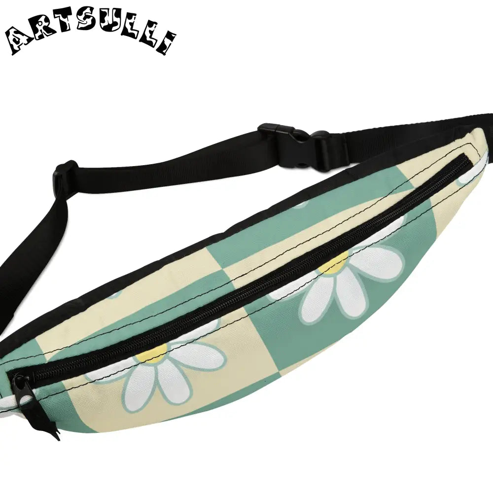 JAKKOUTTHEBXX Retro Daisy Checkerboard Green and Tan Fanny Pack