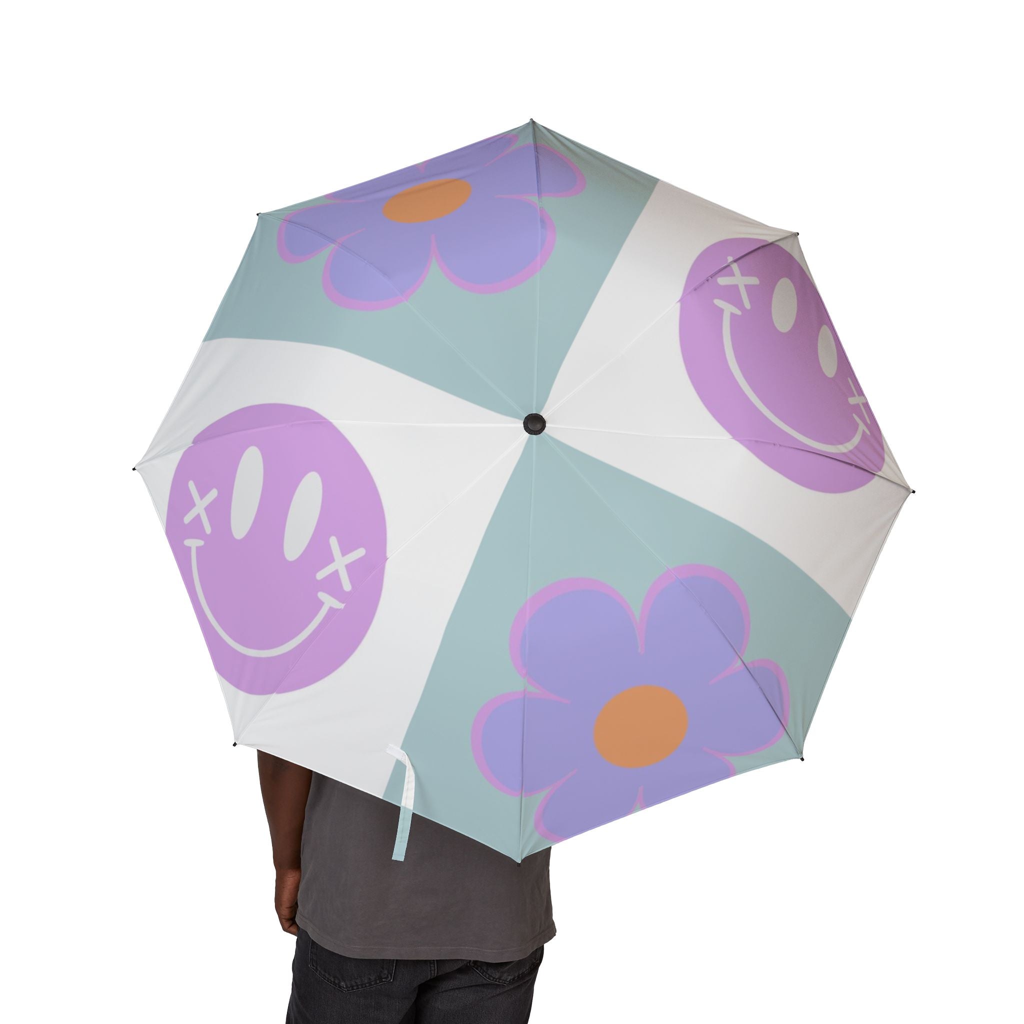 Flower x Smiley Face x Checkerboard Purple Semi-Automatic Foldable Umbrella, Artsulli - Art is Long, Life is Short, Accessories, , , , , , , 