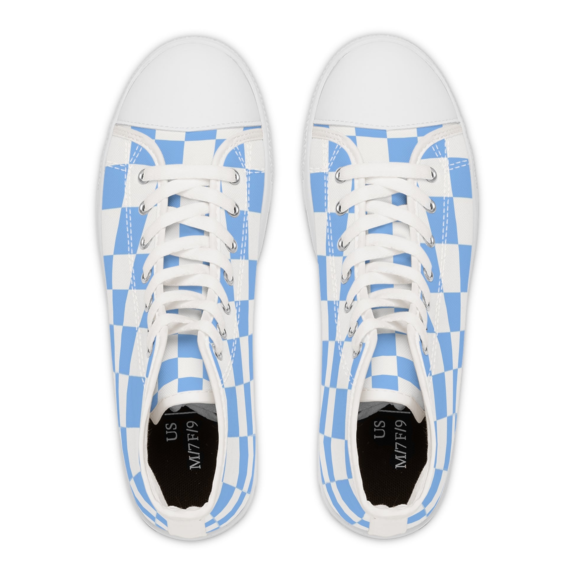 Checkerboard White and Light Blue Women's High Top Sneakers, Artsulli - Art is Long, Life is Short, Shoes, , , , , , , 