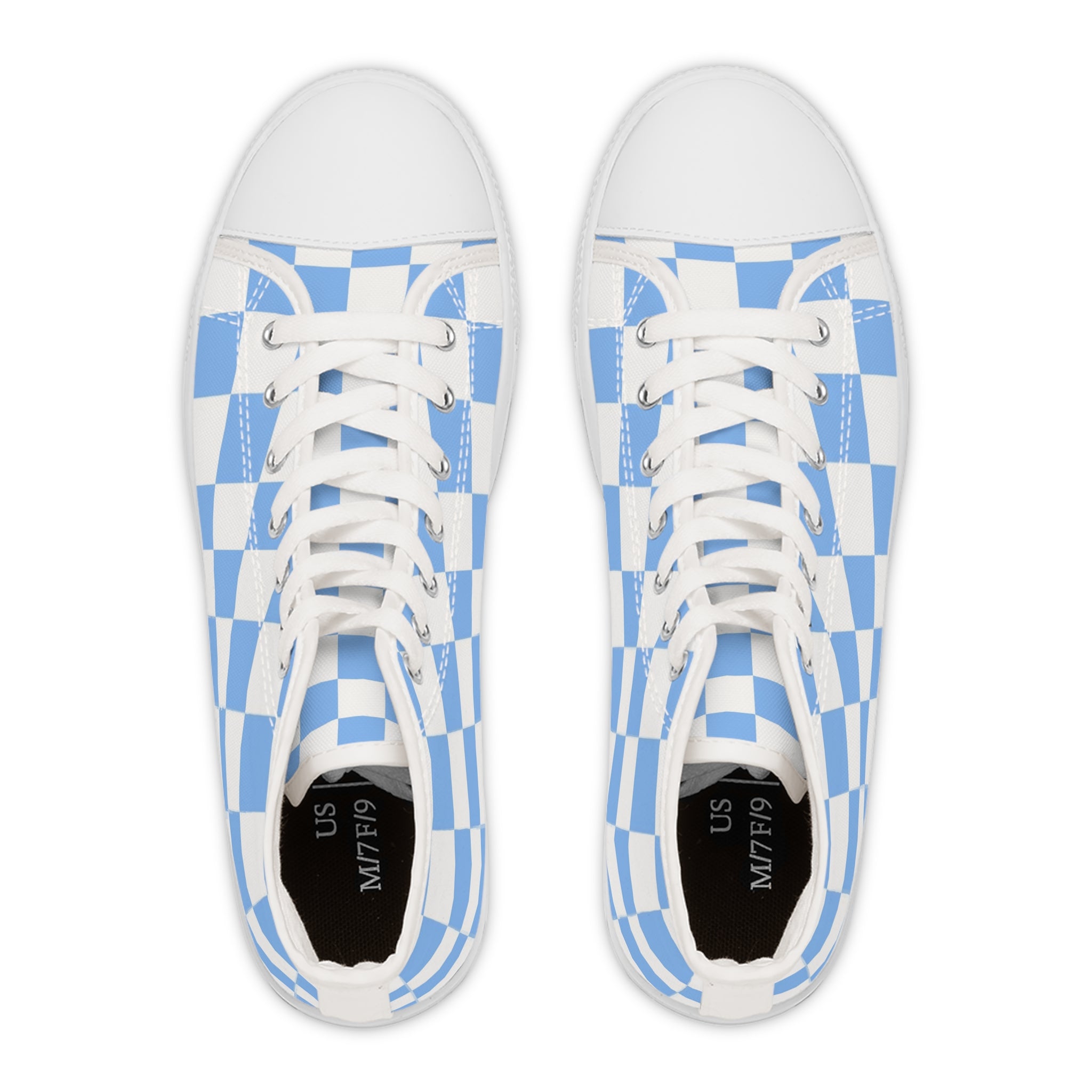Checkerboard White and Light Blue Women's High Top Sneakers, Artsulli - Art is Long, Life is Short, Shoes, , , , , , , 