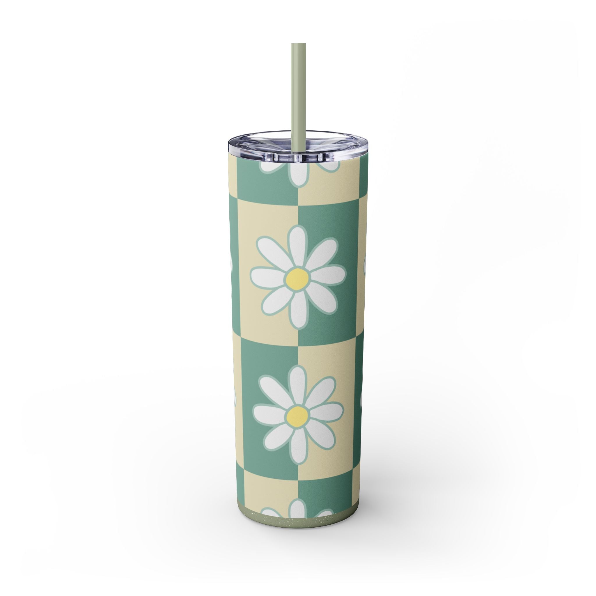 Retro Daisy Checkerboard Green and Tan Skinny Tumbler with Straw, 20oz, Artsulli - Art is Long, Life is Short, Mug, , , , , , , 