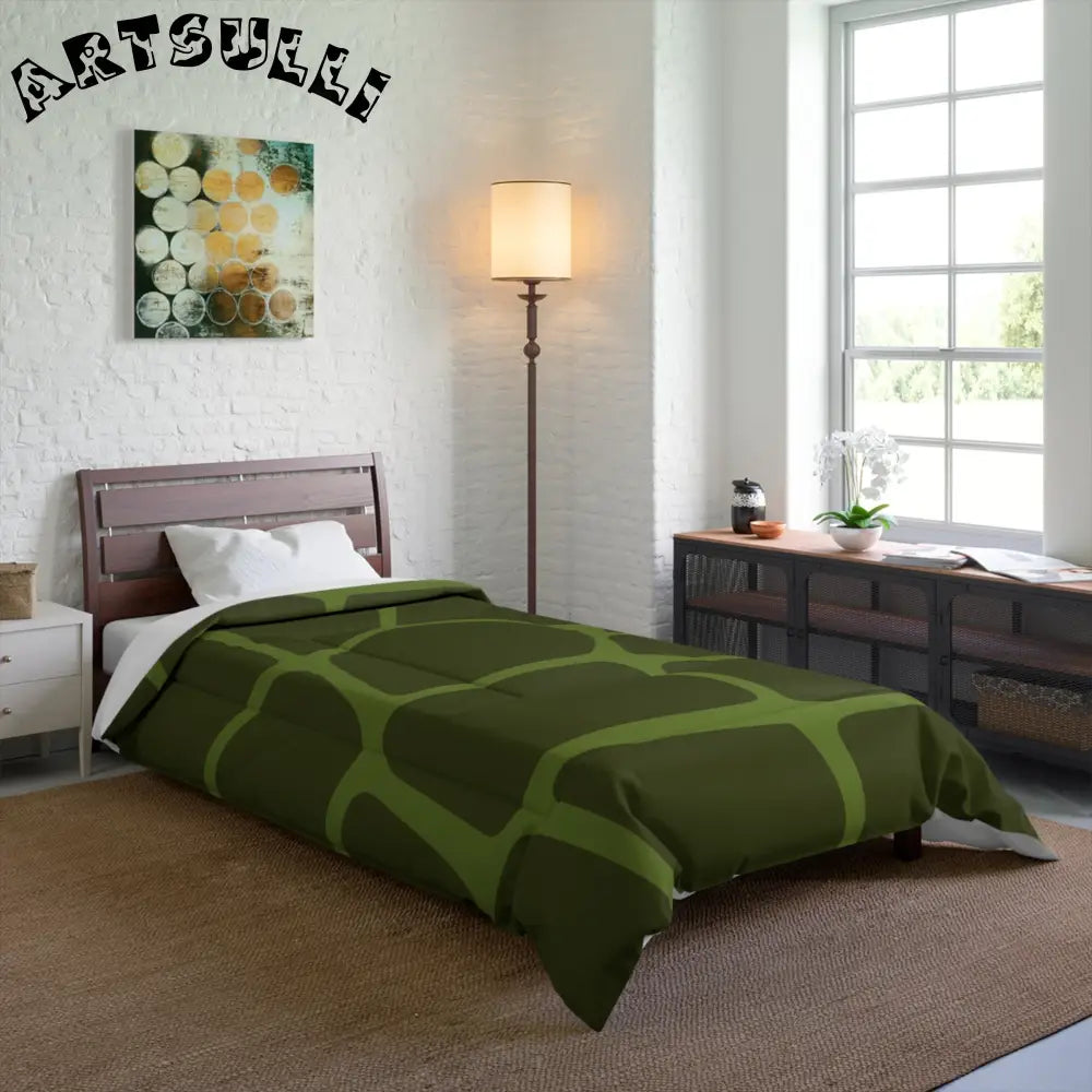 JAKKOUTTHEBXX Dark Green Comforter with Light Green Geometric Design 2025