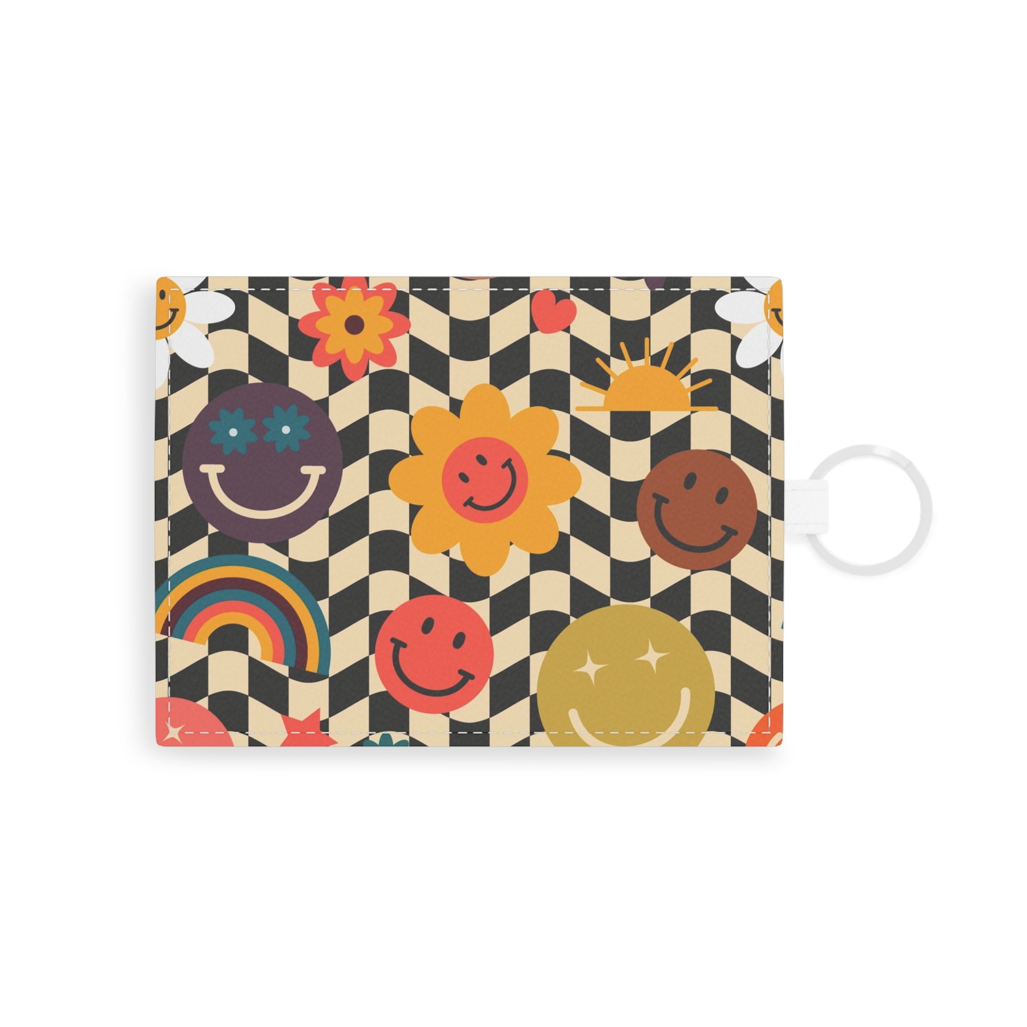 Trippy x Wavy Checkerboard x Smiley Face x Rainbow x Flowers Multi-Color Saffiano Leather Card Holder, Artsulli - Art is Long, Life is Short, Accessories, Size, One size, Color, White, , , 28733393091847598515