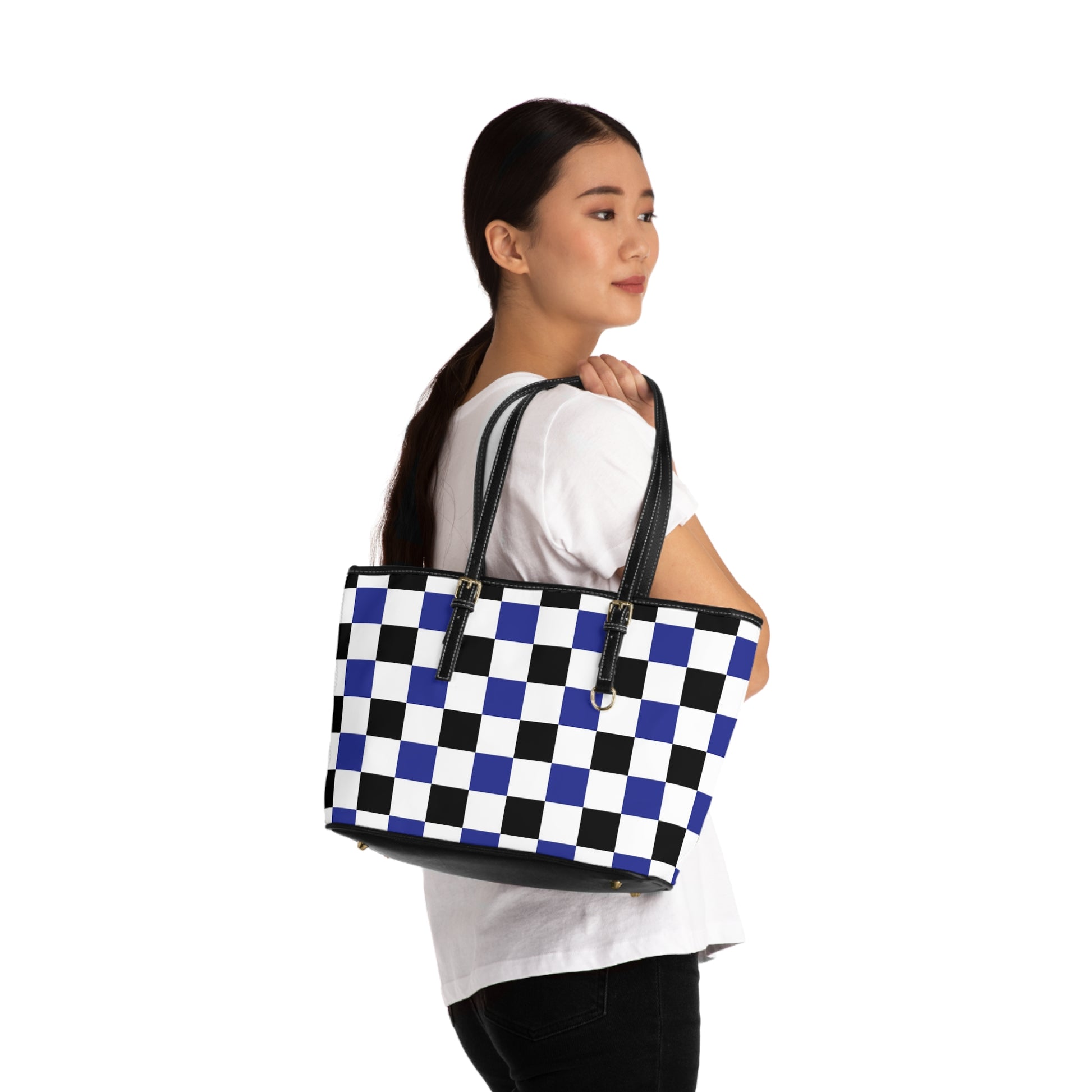 Checkerboard Blue White and Black PU Leather Shoulder Bag, Artsulli - Art is Long, Life is Short, Bags, , , , , , , 