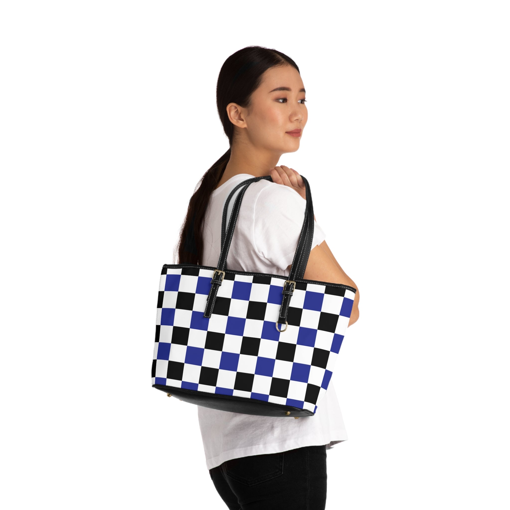 Checkerboard Blue White and Black PU Leather Shoulder Bag, Artsulli - Art is Long, Life is Short, Bags, , , , , , , 