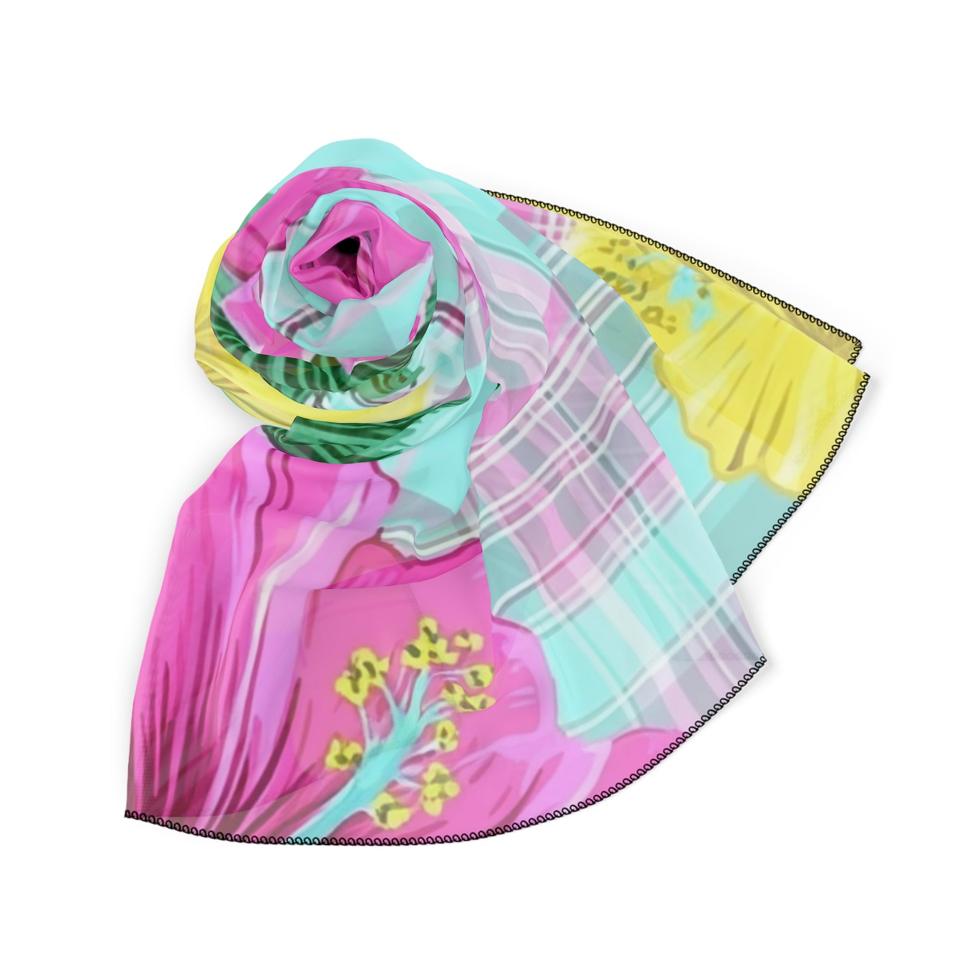Plaid Hibiscus Pink and Yellow Poly Scarf, Artsulli - Art is Long, Life is Short, Accessories, , , , , , , 