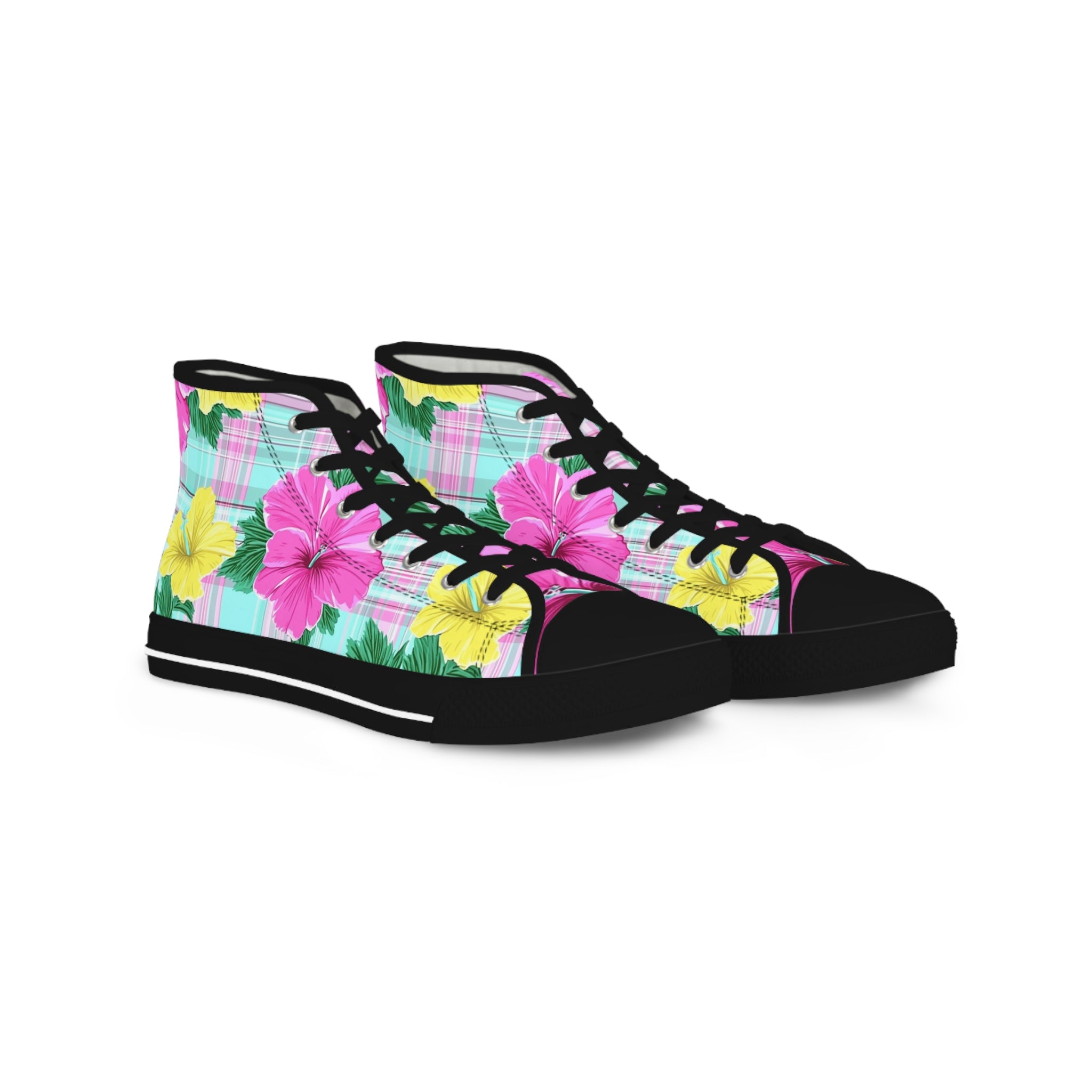 Plaid Hibiscus Pink and Yellow Men's High Top Sneakers, Artsulli - Art is Long, Life is Short, Shoes, Size, US 5, Color, Black sole, , , 20644308060791509121