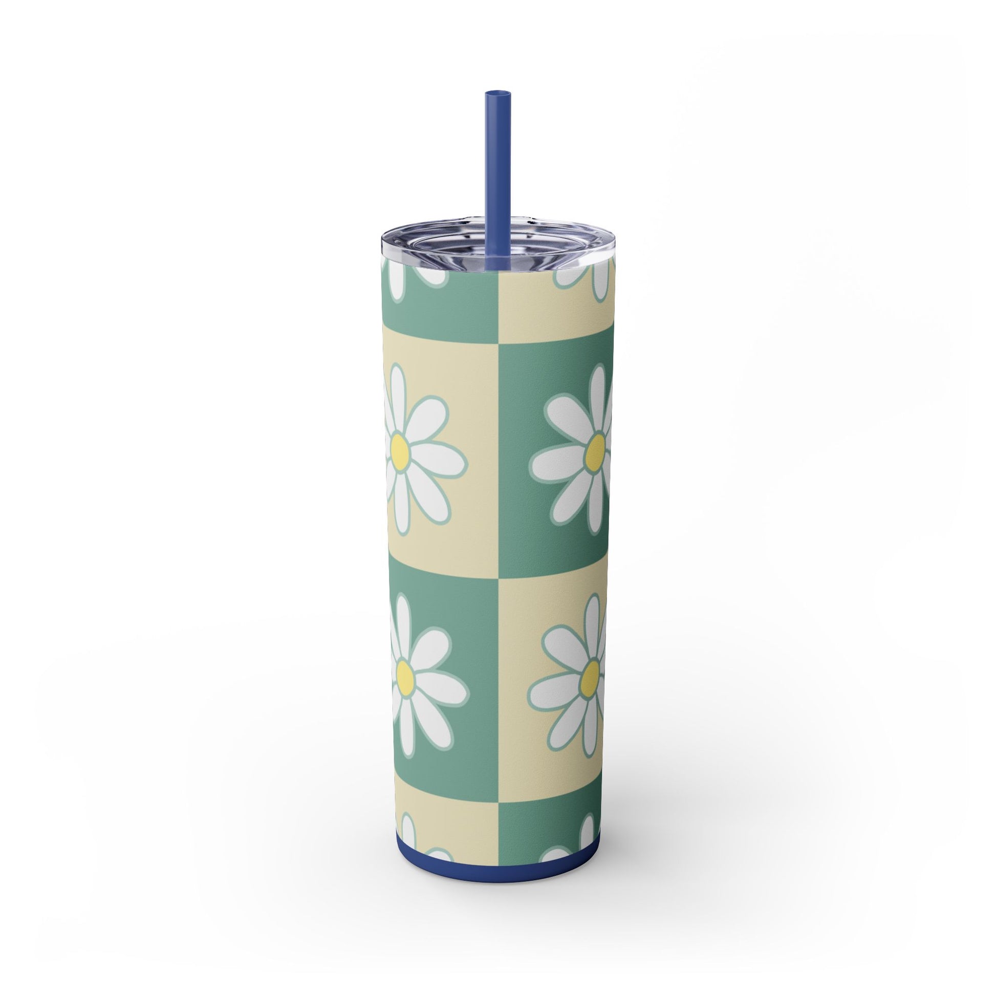 Retro Daisy Checkerboard Green and Tan Skinny Tumbler with Straw, 20oz, Artsulli - Art is Long, Life is Short, Mug, , , , , , , 