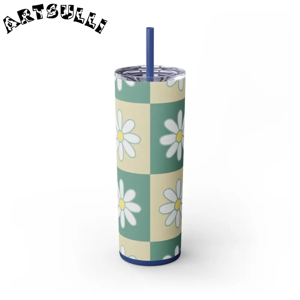 JAKKOUTTHEBXX Retro Daisy Checkerboard Green and Tan Skinny Tumbler