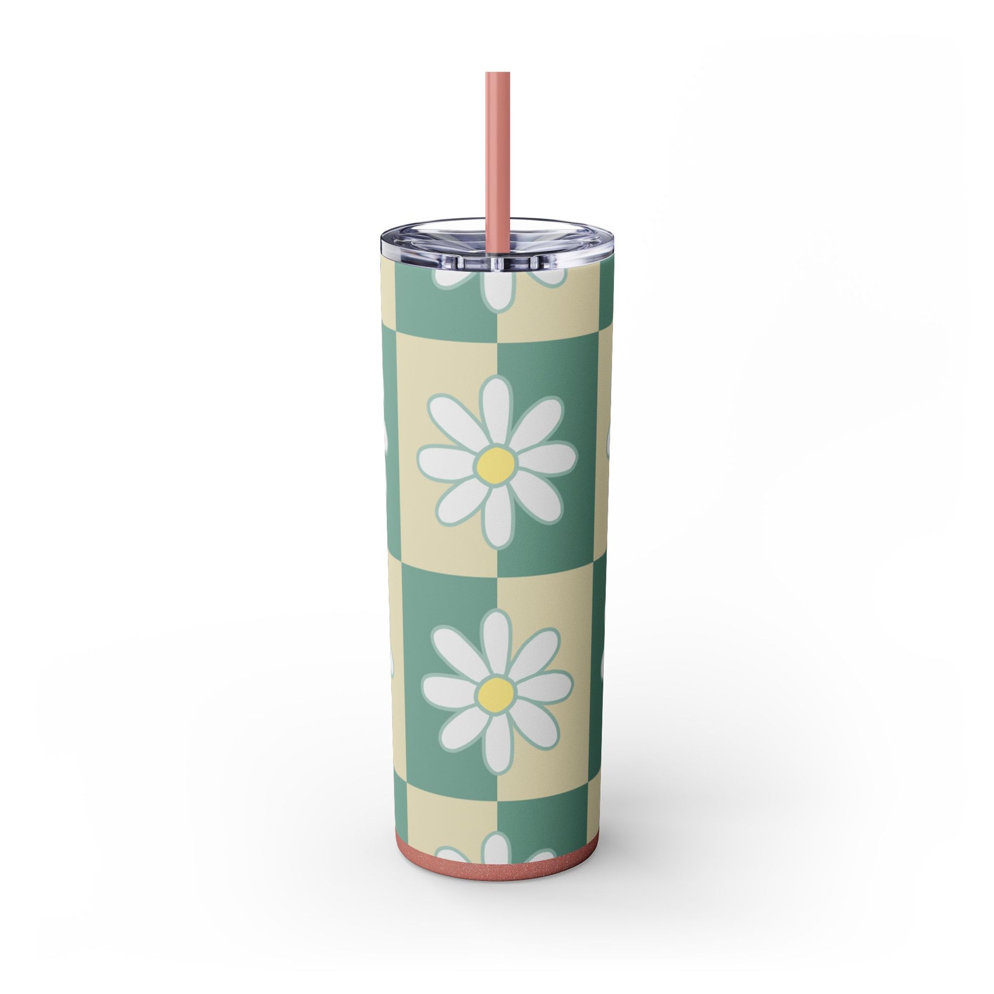 Retro Daisy Checkerboard Green and Tan Skinny Tumbler with Straw, 20oz, Artsulli - Art is Long, Life is Short, Mug, , , , , , , 