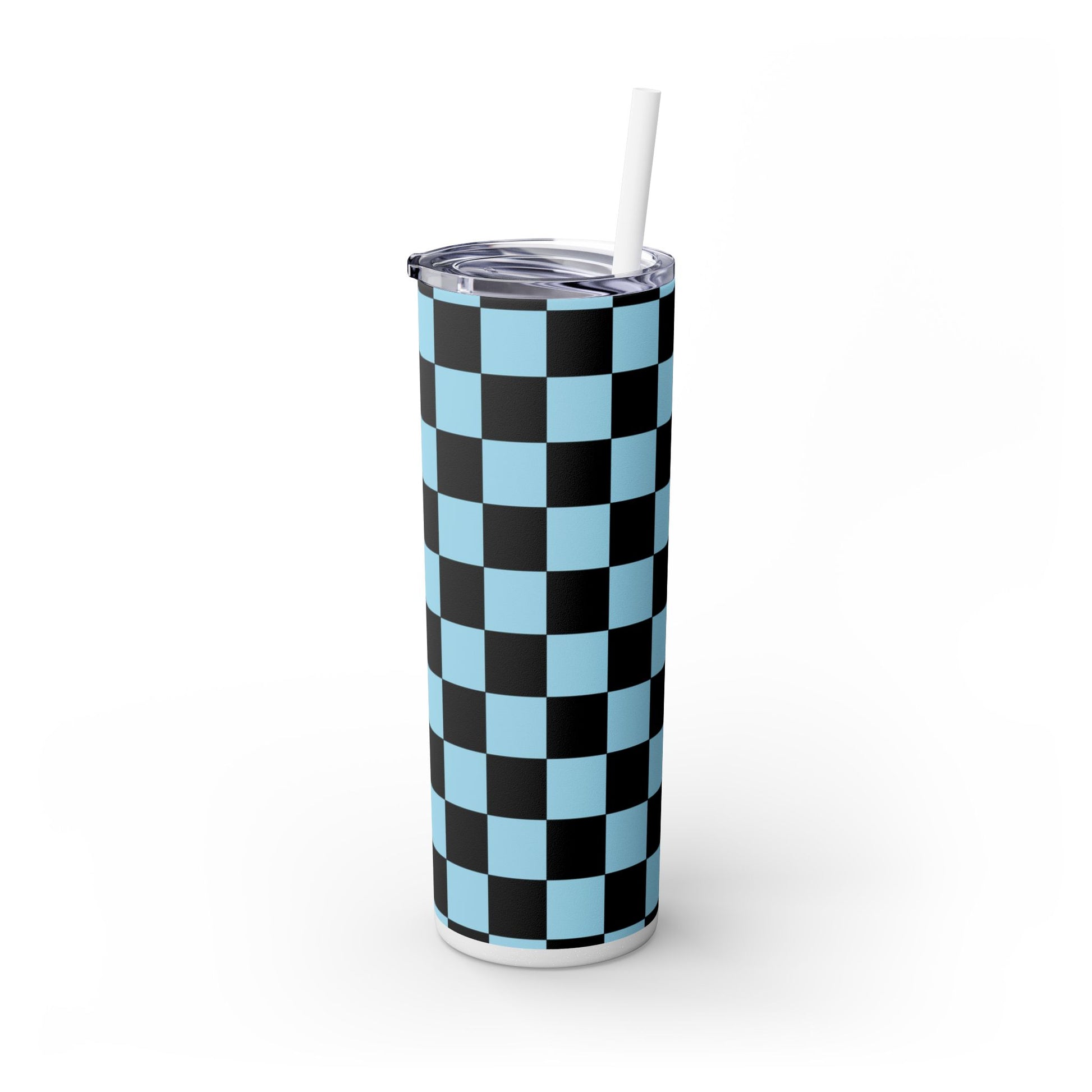 Checkerboard Black and Blue Skinny Tumbler with Straw, 20oz, Artsulli - Art is Long, Life is Short, Mug, , , , , , , 