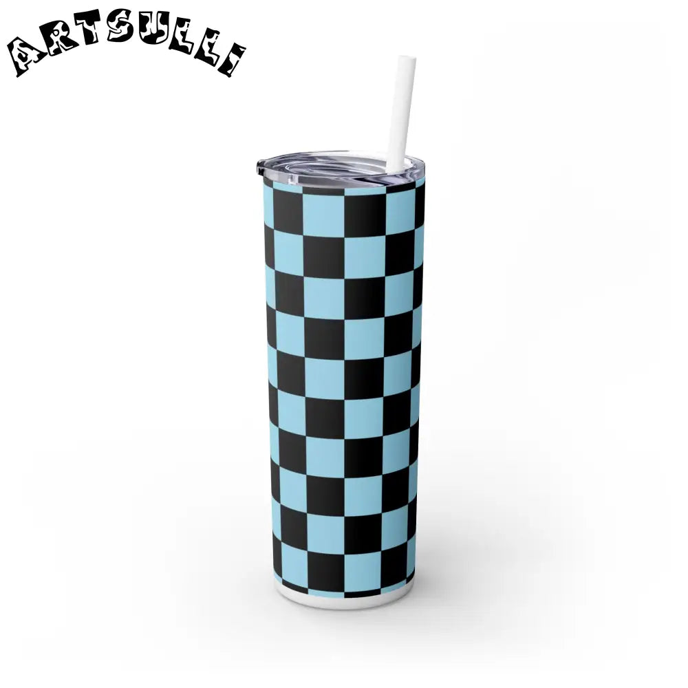 JAKKOUTTHEBXX Checkerboard Black and Blue Skinny Tumbler with Straw
