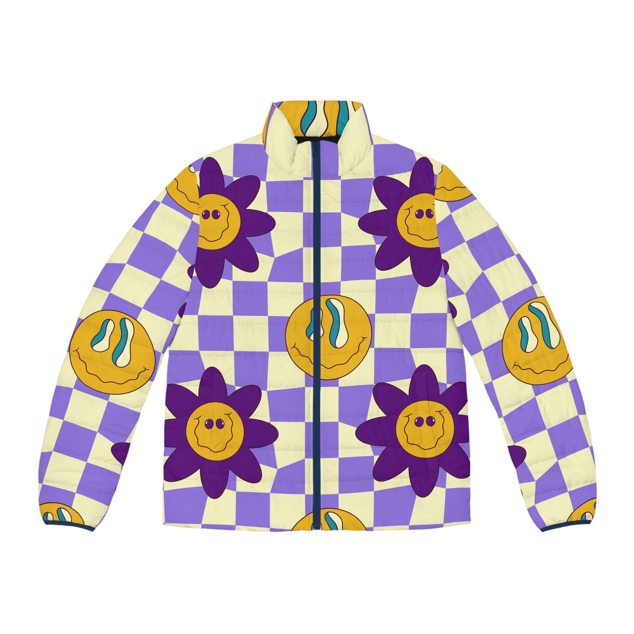 Trippy Flower Power Motifs Men's Puffer Jacket (AOP), Artsulli - Art is Long, Life is Short, All Over Prints, Size, S, Color, Dark blue zipper, , , 13707300637775