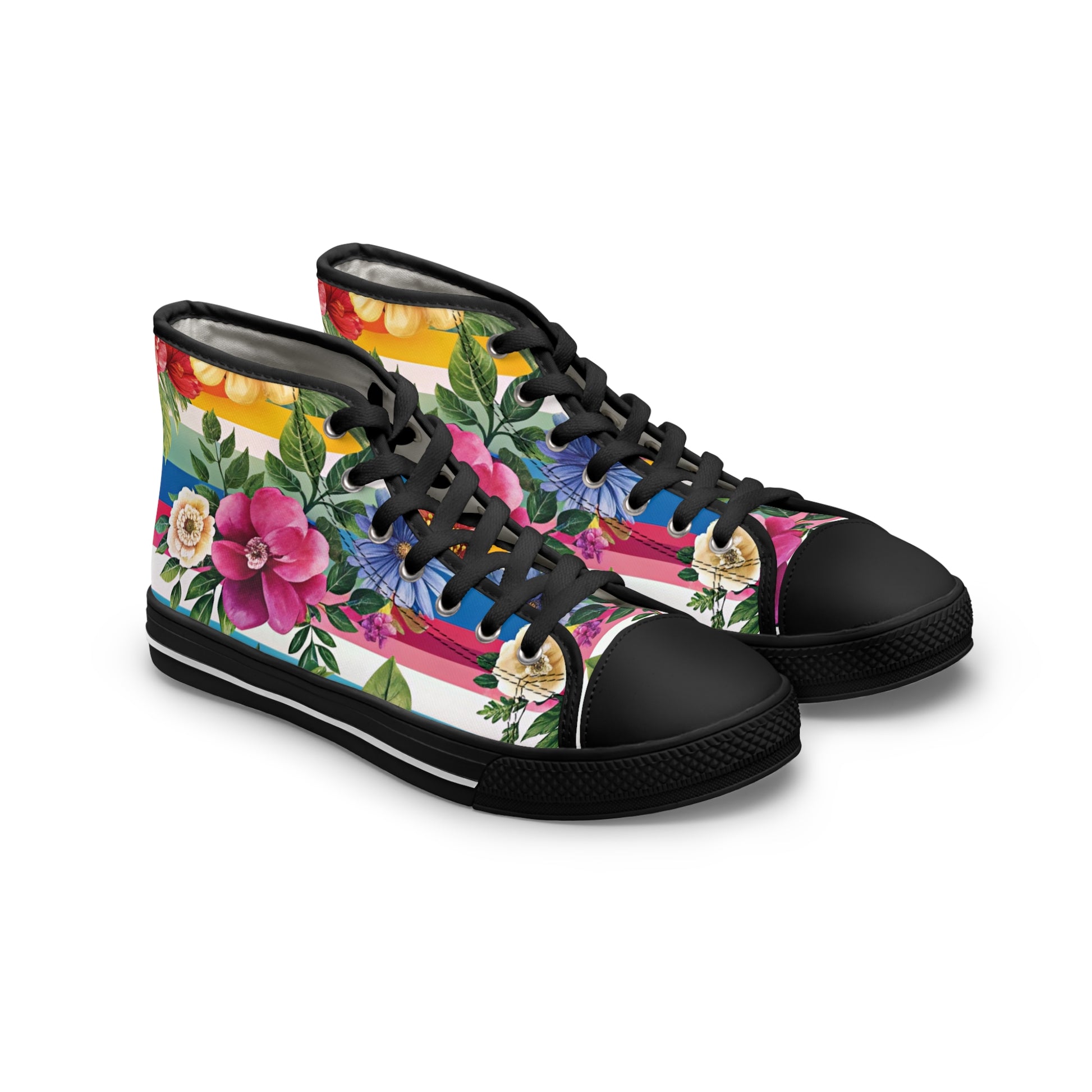 Floral Stripe 4K II Women's High Top Sneakers, Artsulli - Art is Long, Life is Short, Shoes, Size, US 5.5, Color, Black sole, , , 14089194585391923224