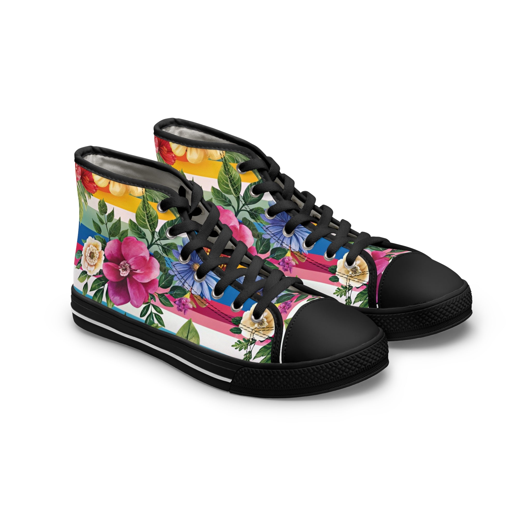 Floral Stripe 4K II Women's High Top Sneakers, Artsulli - Art is Long, Life is Short, Shoes, Size, US 5.5, Color, Black sole, , , 14089194585391923224
