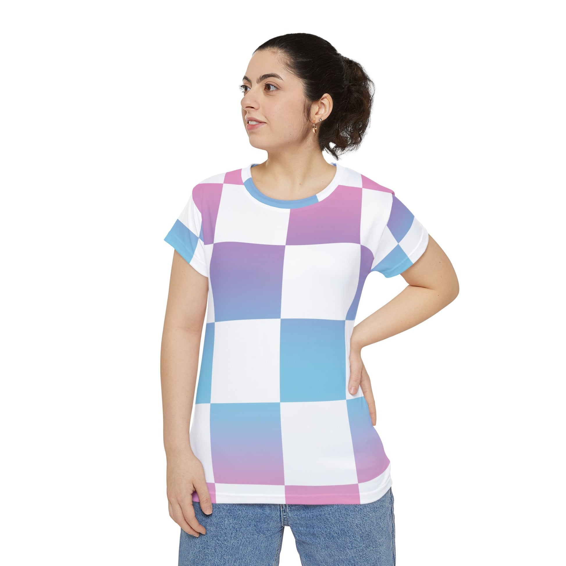 Vaporwave Check Women's Short Sleeve Shirt (AOP), Artsulli - Art is Long, Life is Short, All Over Prints, , , , , , , 