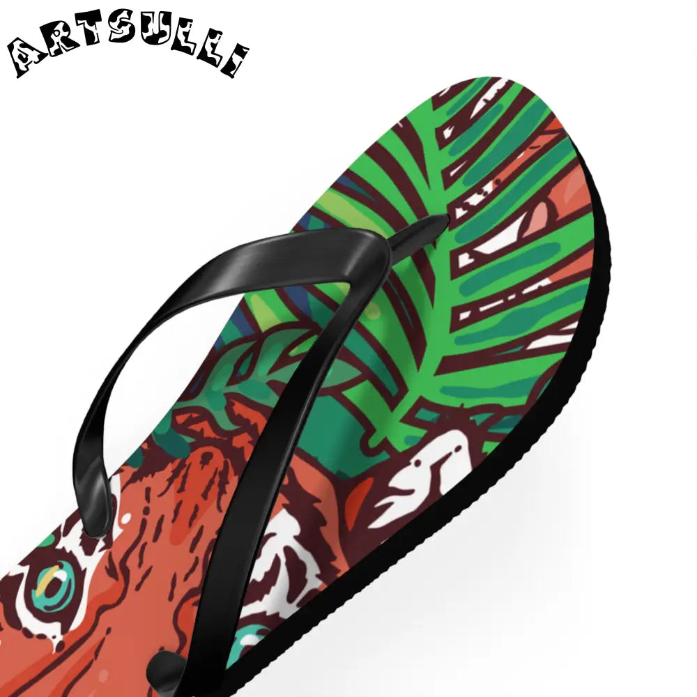 JAKKOUTTHEBXX Tropical Jungle Tigers Blue and Green Flip Flops