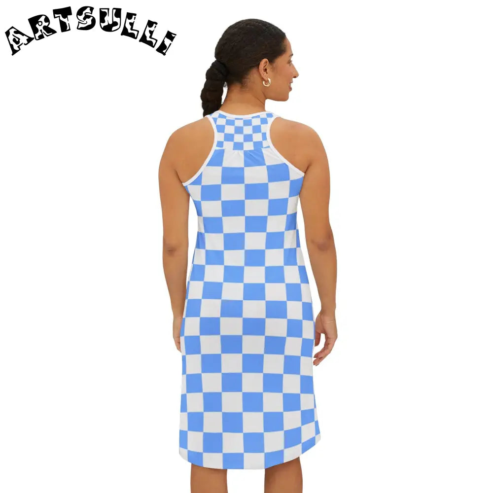 JAKKOUTTHEBXX Checkerboard White and Light Blue Women’s Racerback