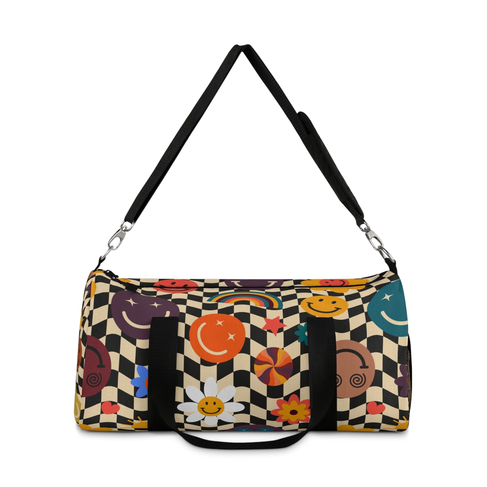 Trippy x Wavy Checkerboard x Smiley Face x Rainbow x Flowers II Multi-Color Duffel Bag, Artsulli - Art is Long, Life is Short, Bags, , , , , , , 