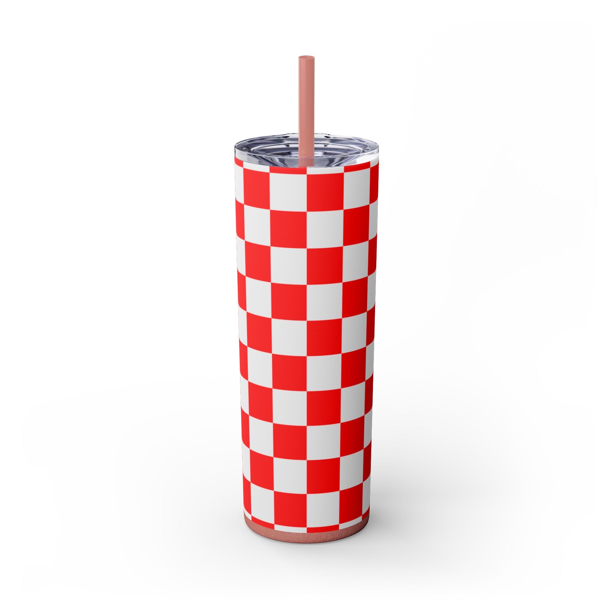 Checkerboard Red and White Skinny Tumbler with Straw, 20oz, Artsulli - Art is Long, Life is Short, Mug, Finish, Glossy, Color, Glitter Dusty Rose, Size, 20oz, 33255769806807759541