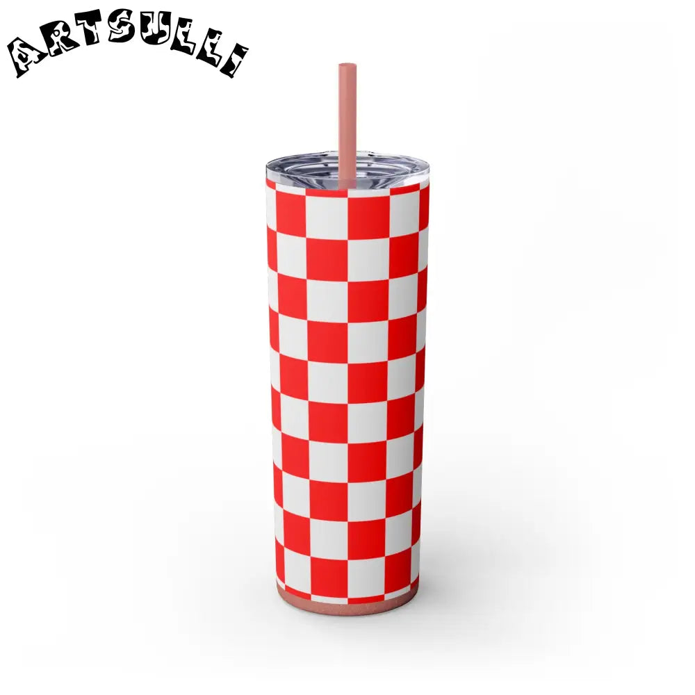 JAKKOUTTHEBXX Checkerboard Red and White Skinny Tumbler with Straw