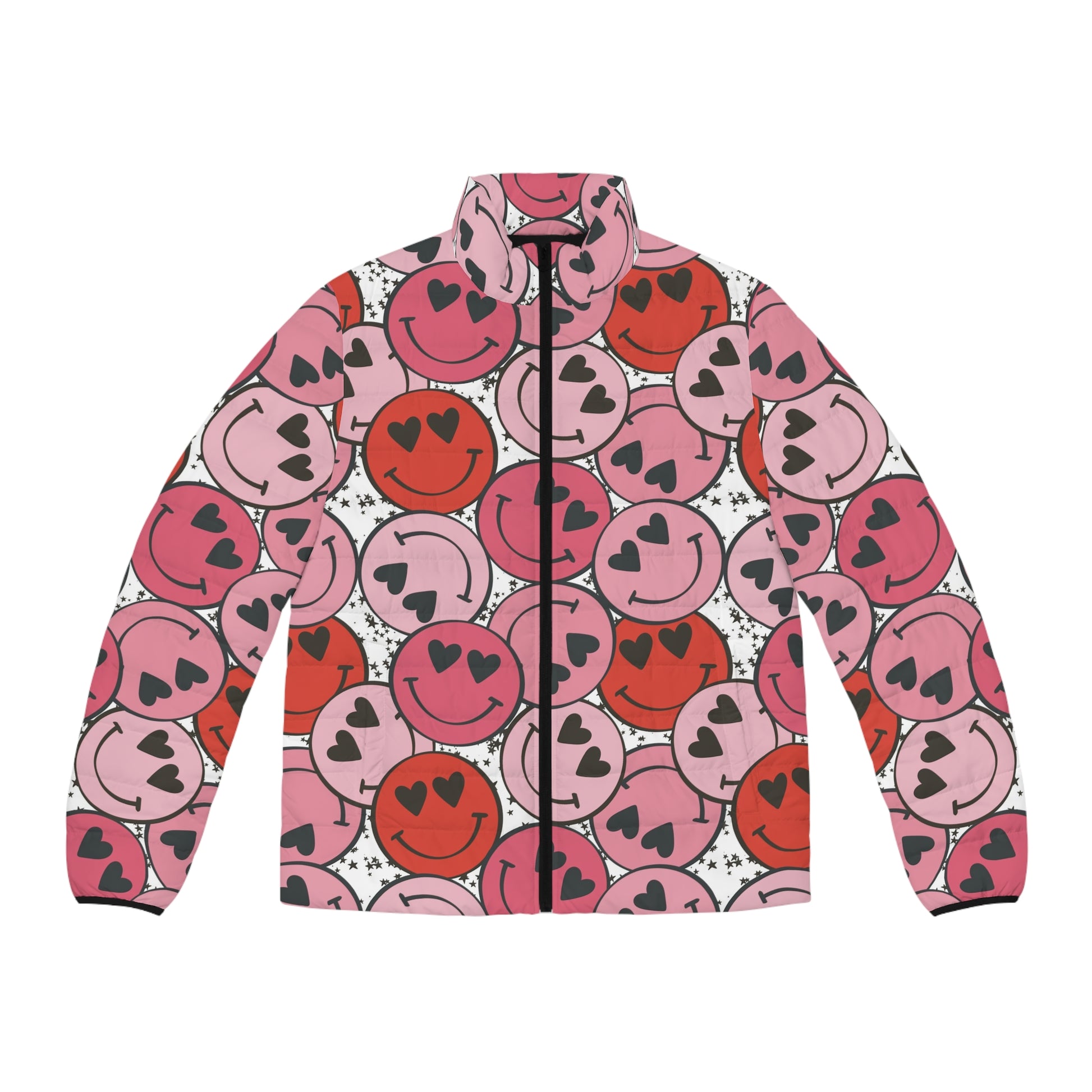 Smiley Face x Heart Eyes Pink and Red Men's Puffer Jacket (AOP), Artsulli - Art is Long, Life is Short, All Over Prints, Size, S, Color, Black zipper, , , 29509891886125636386