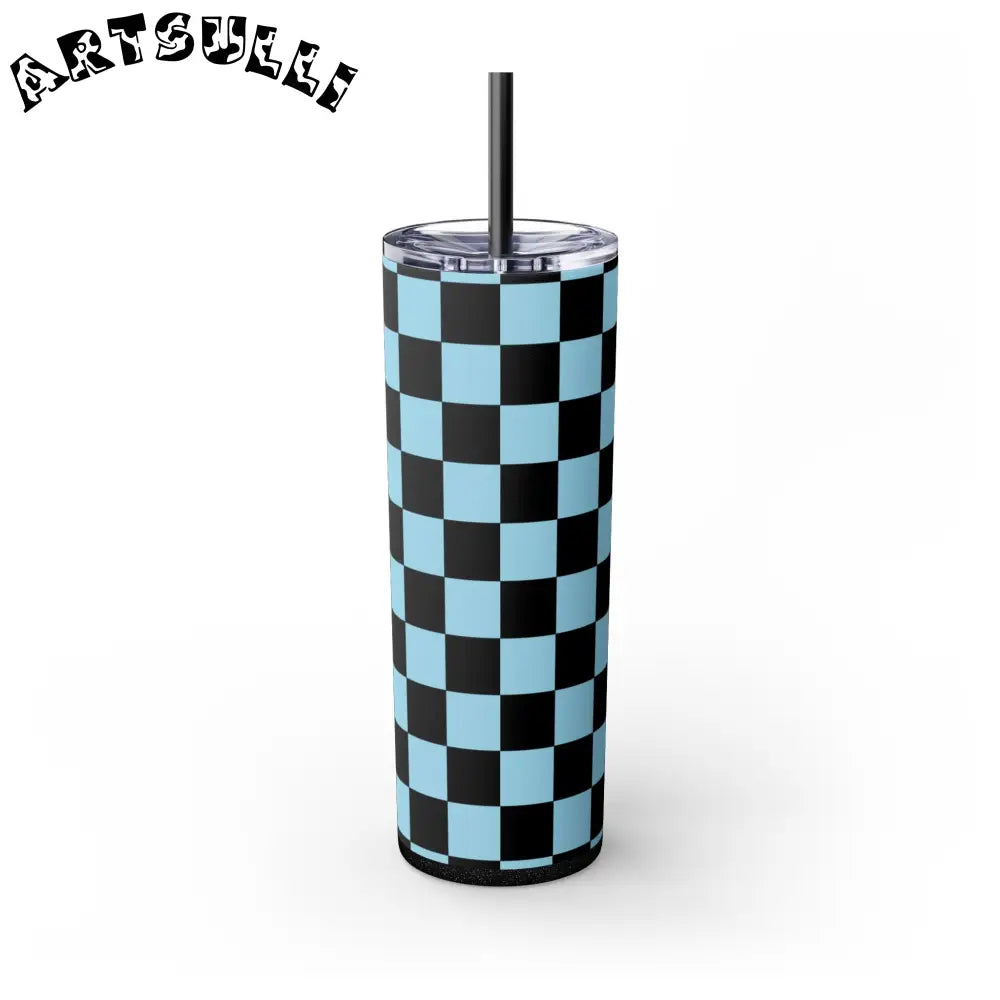JAKKOUTTHEBXX Checkerboard Black and Blue Skinny Tumbler with Straw