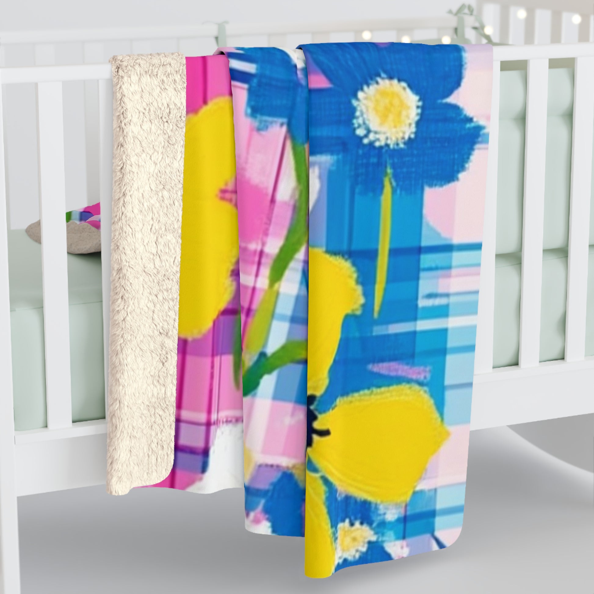 Plaid Garden Pink and Blue Sherpa Fleece Blanket, Artsulli - Art is Long, Life is Short, Home Decor, , , , , , , 