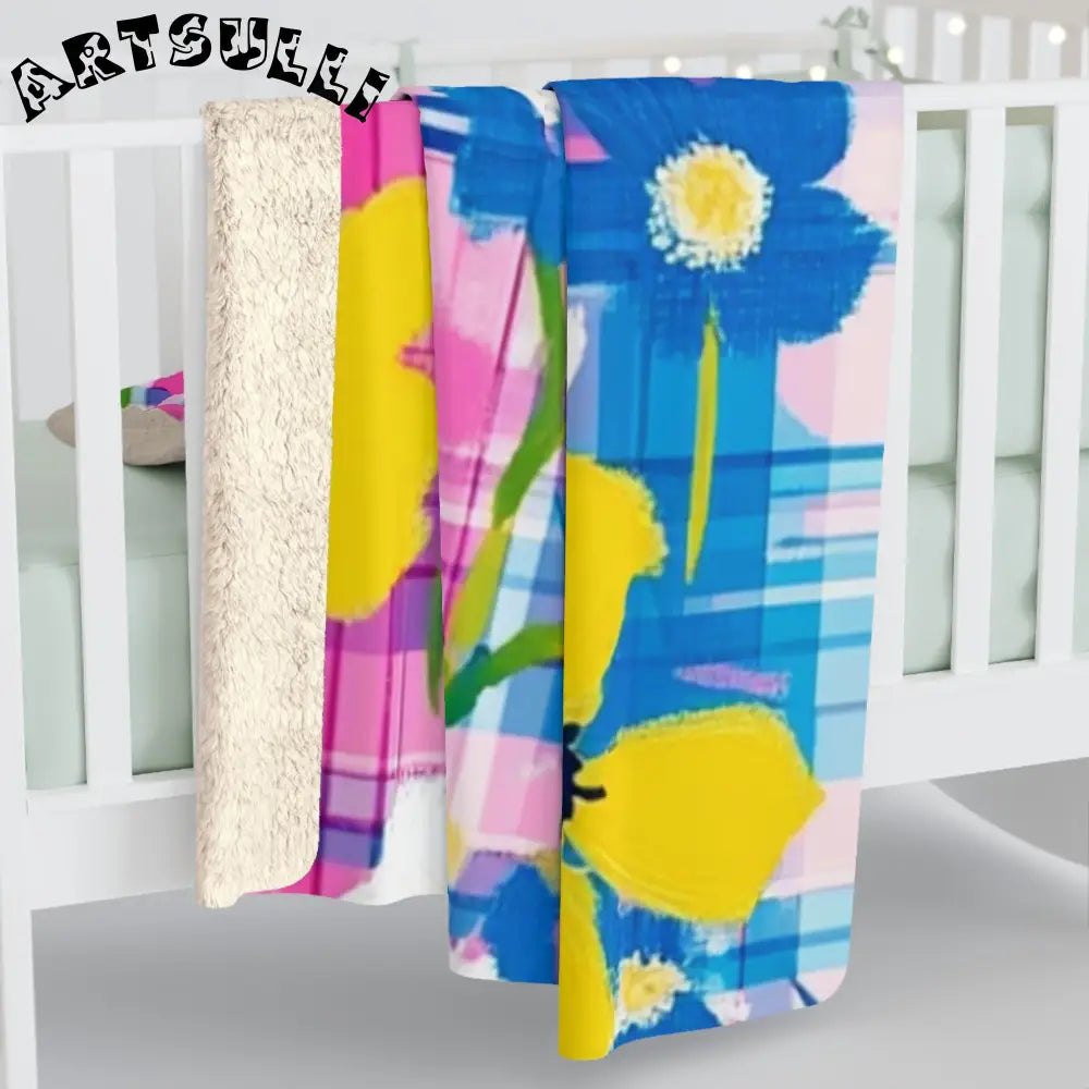 JAKKOUTTHEBXX Plaid Garden Pink and Blue Sherpa Fleece Blanket