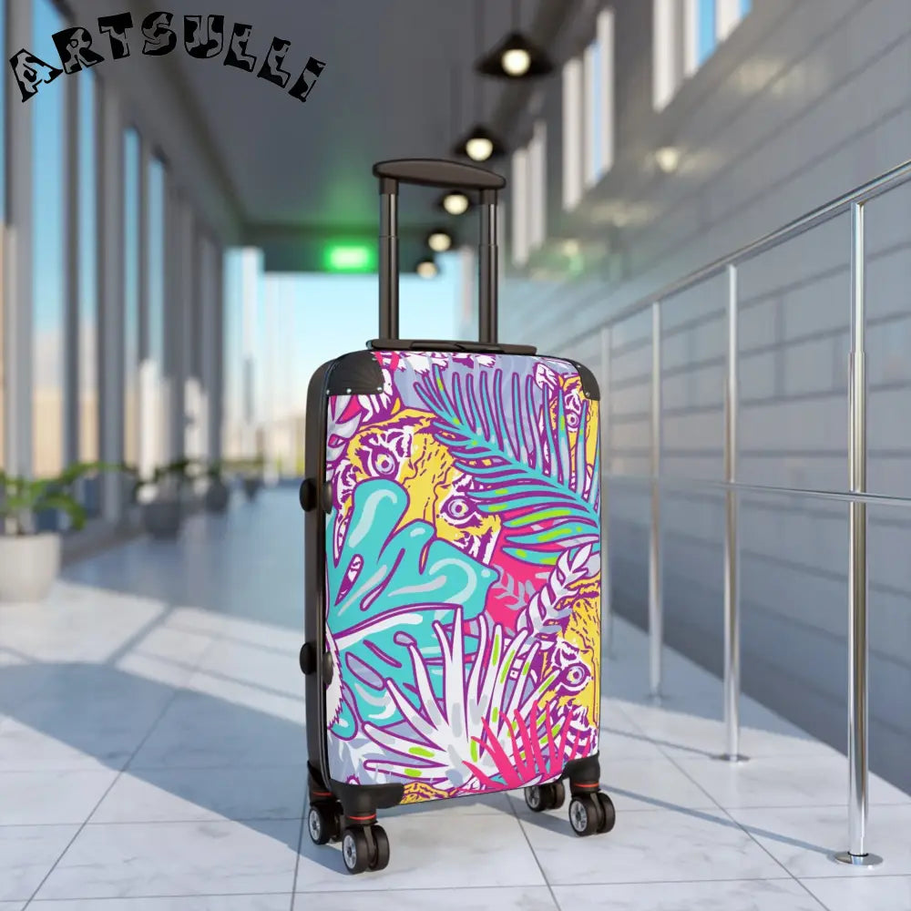 JAKKOUTTHEBXX Tropical Floral Tigers Torquise and Purple Suitcase