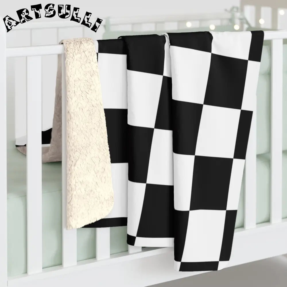 JAKKOUTTHEBXX Checkerboard Black and White Sherpa Fleece Blanket