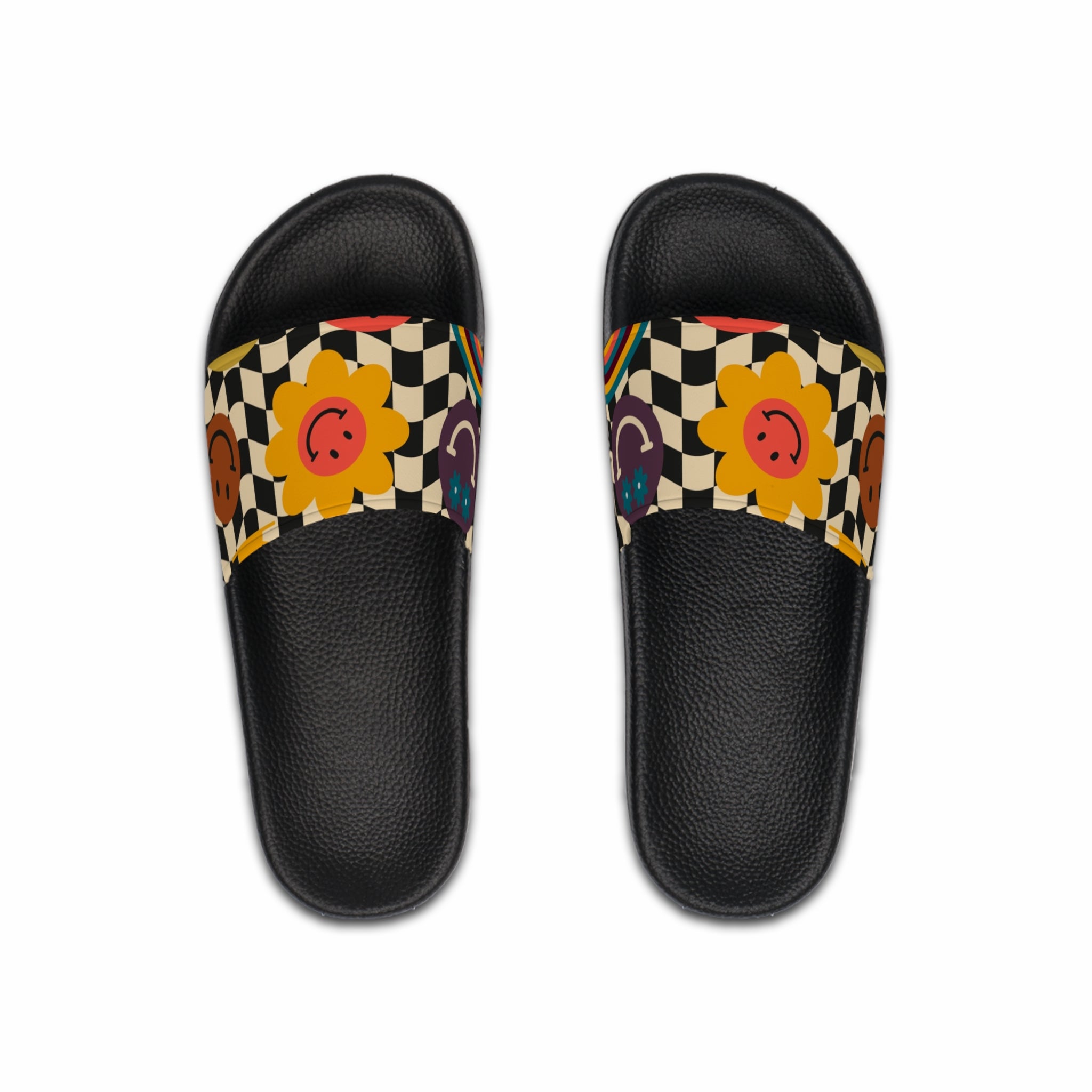 Trippy x Wavy Checkerboard x Smiley Face x Rainbow x Flowers Multi-Color Men's Slide Sandals, Artsulli - Art is Long, Life is Short, Shoes, Color, Black sole, Size, US 6, , , 15653788193870468593